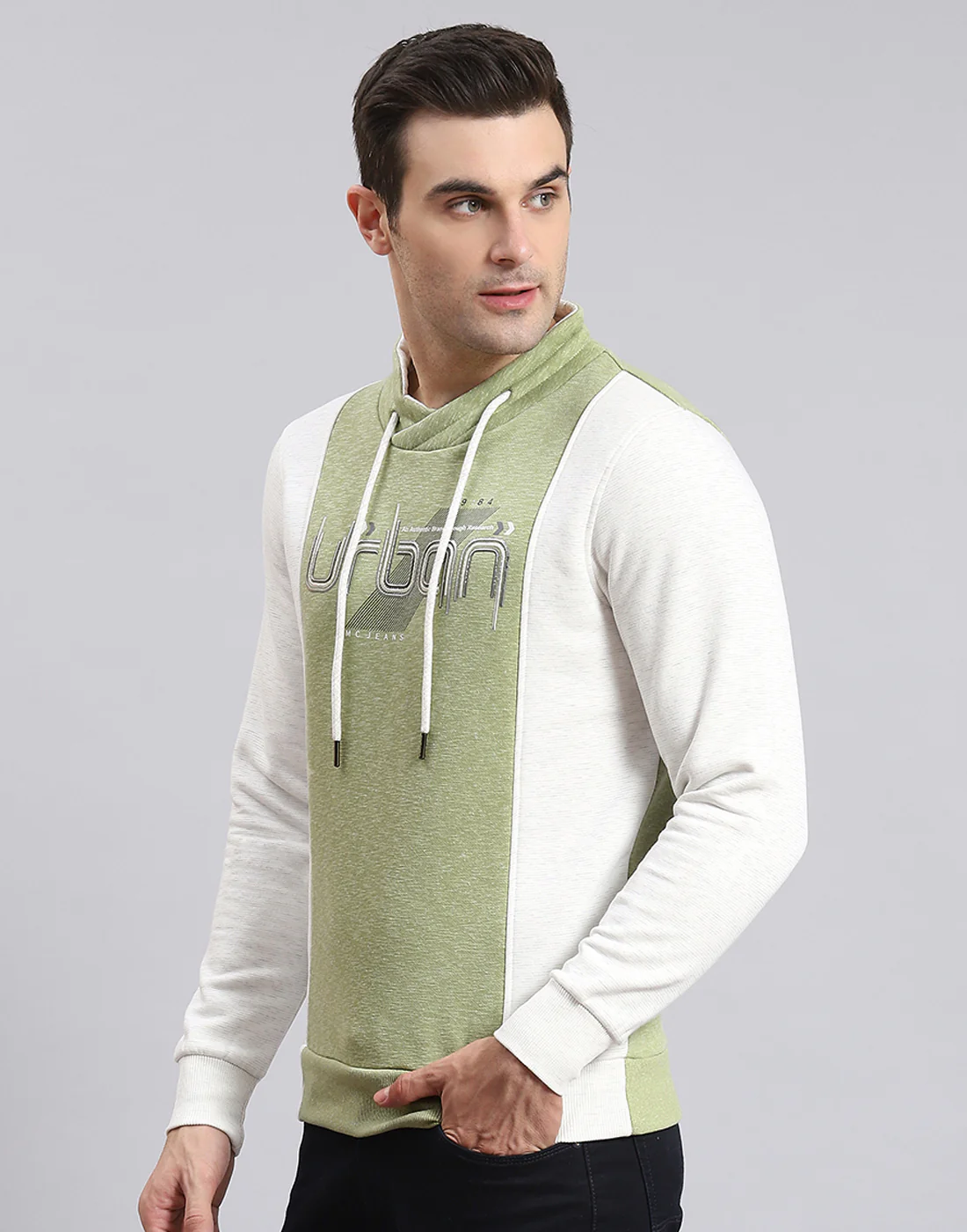 Men Green Solid F Neck Full Sleeve Sweatshirt - Image 3