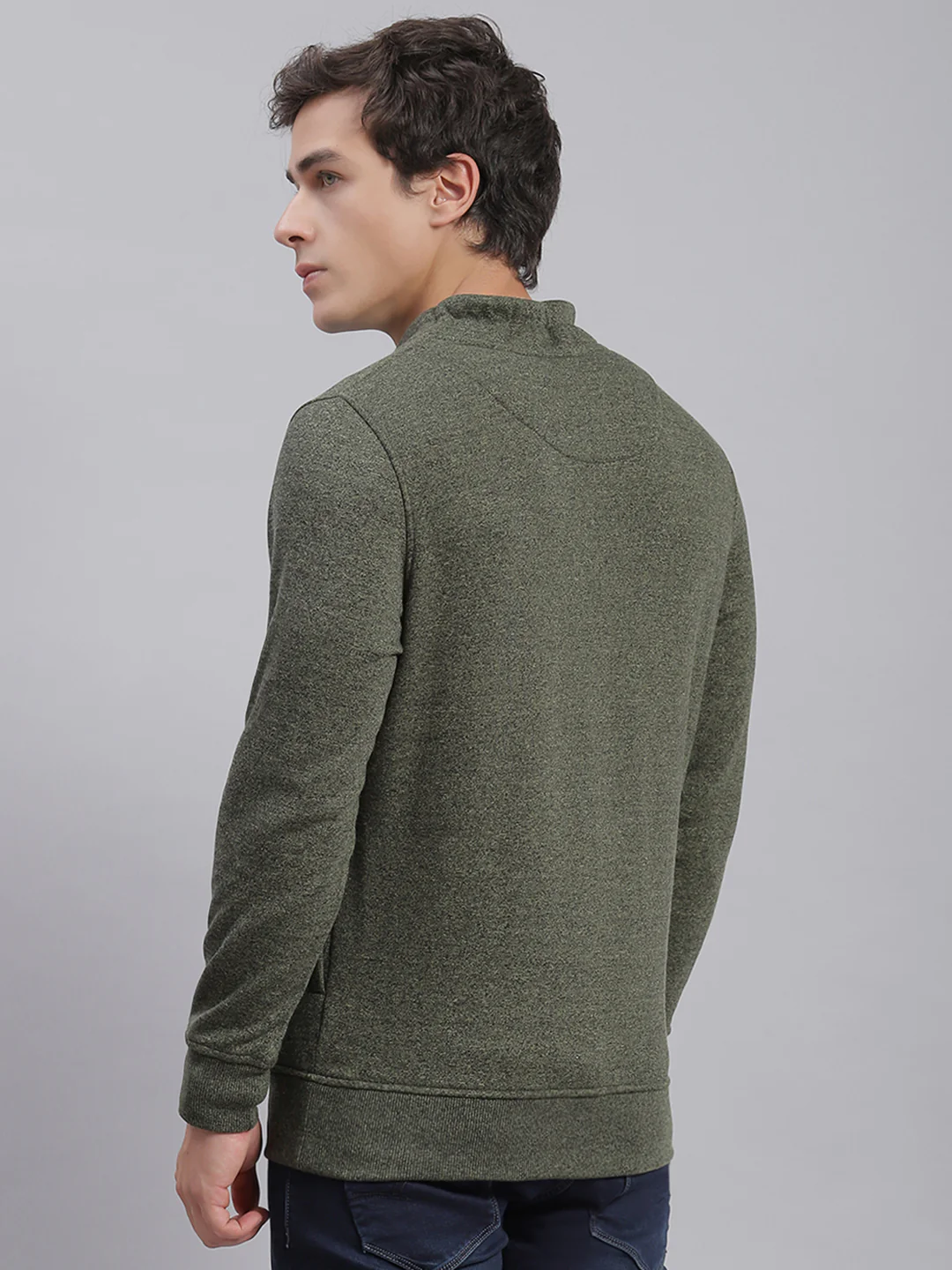 Men Green Solid F Neck Full Sleeve Sweatshirts - Image 2
