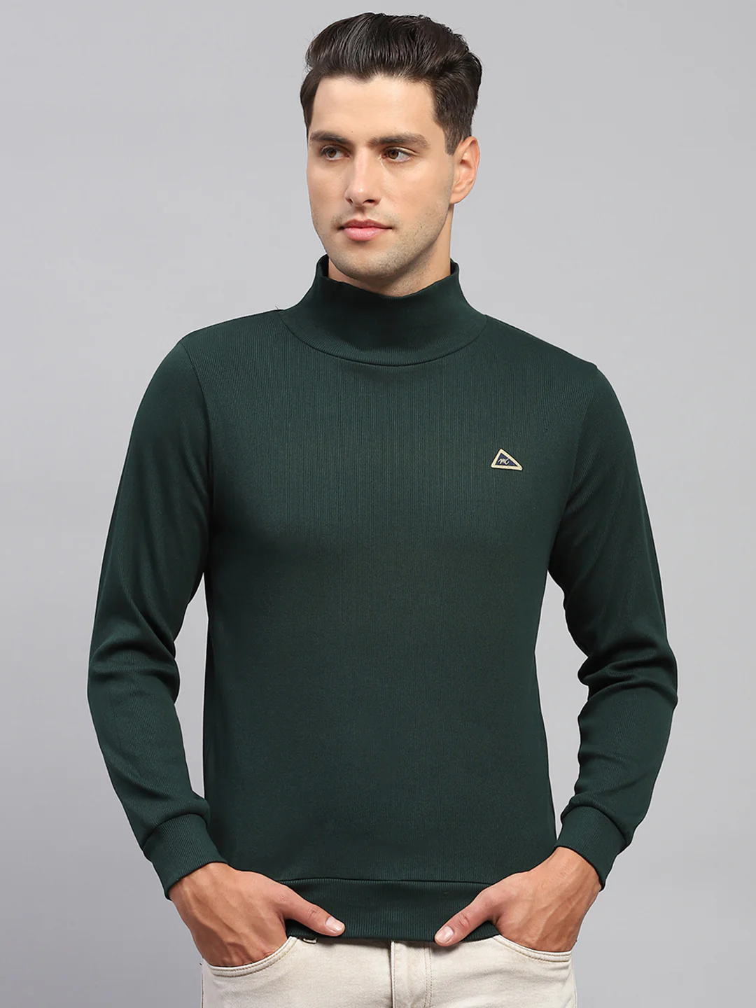 Men Green Solid High Neck Full Sleeve Sweatshirt - Image 2