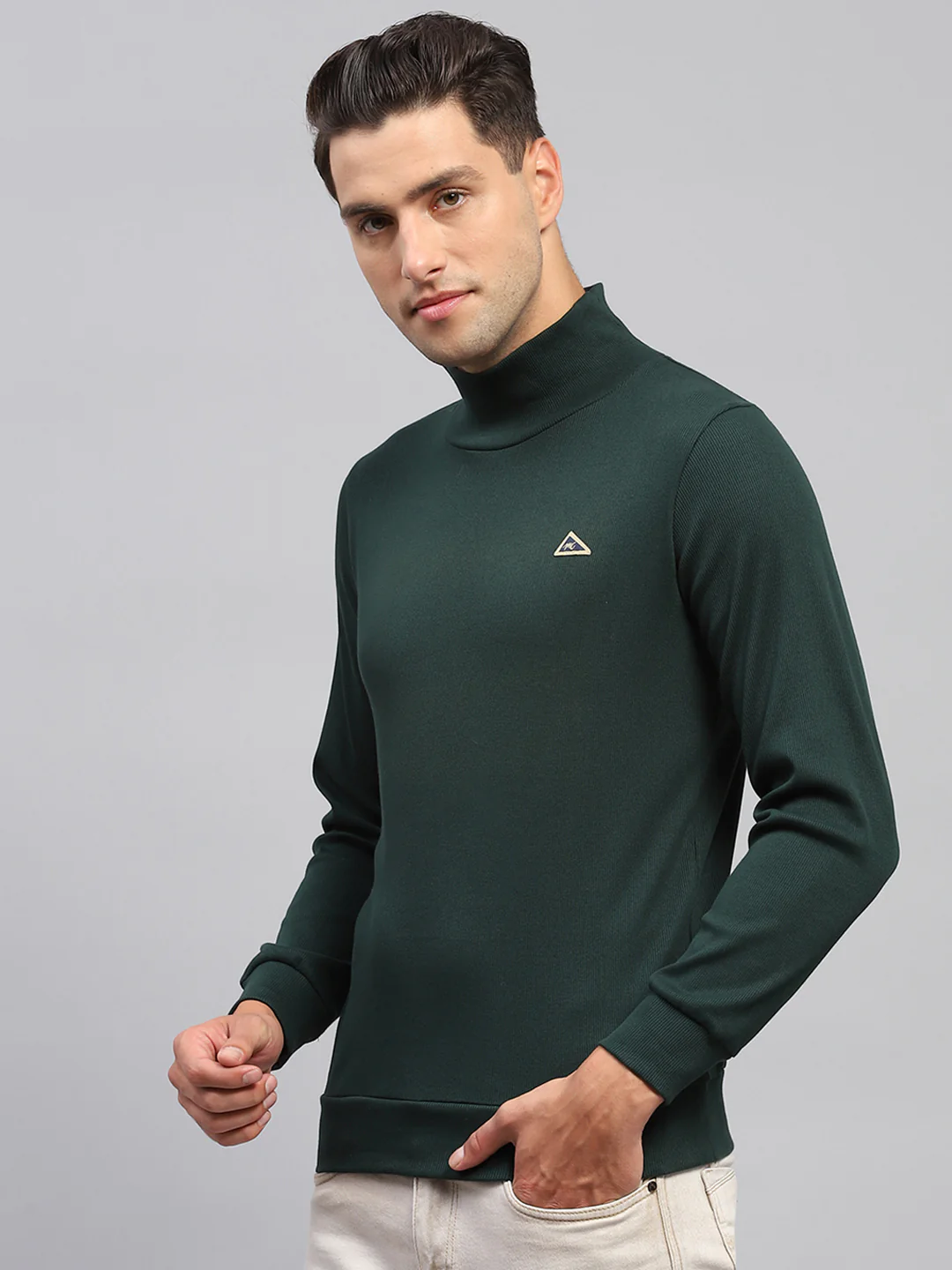 Men Green Solid High Neck Full Sleeve Sweatshirt - Image 3