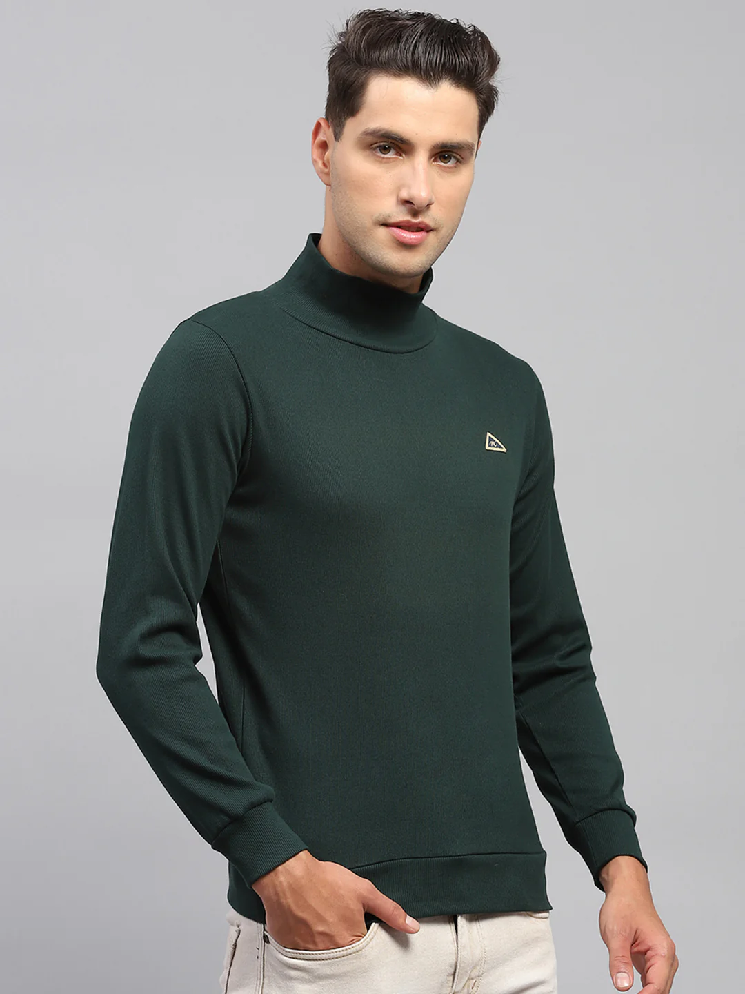 Men Green Solid High Neck Full Sleeve Sweatshirt - Image 4