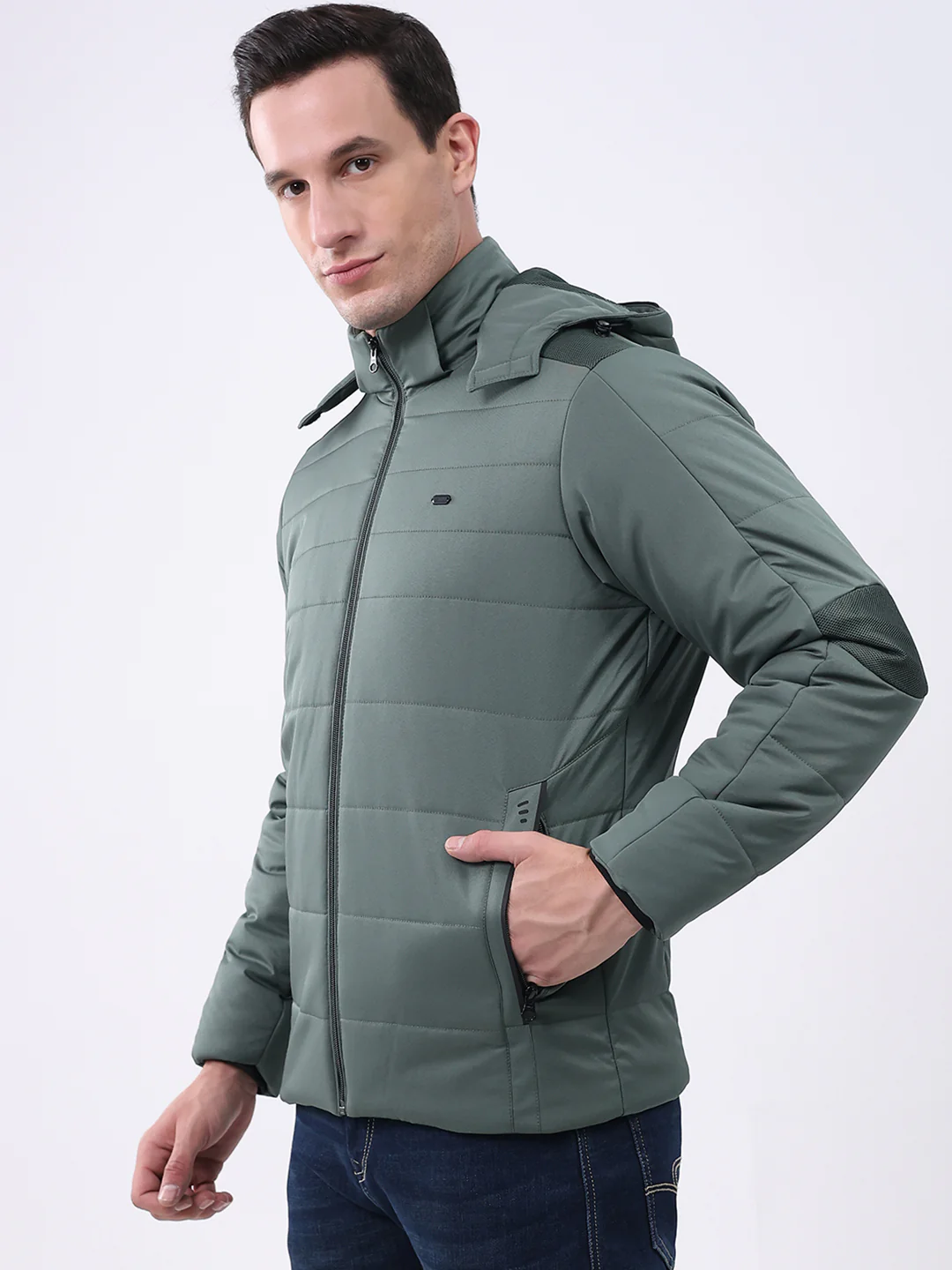 Men Green Solid Hooded Full Sleeve Jacket - Image 3