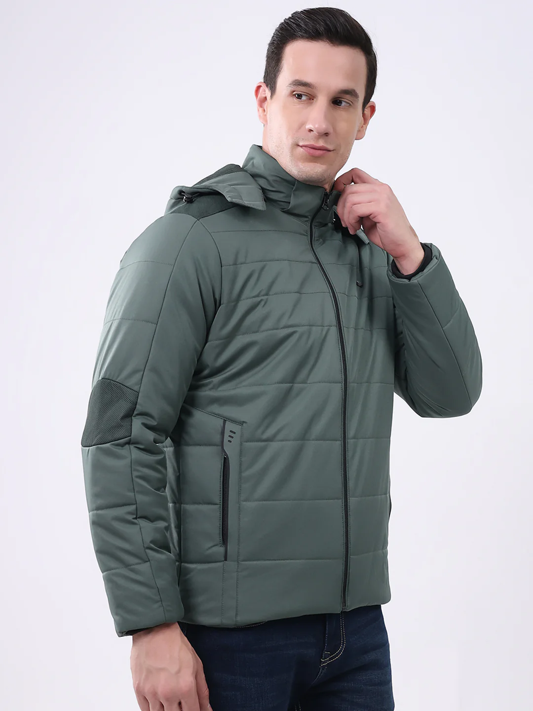 Men Green Solid Hooded Full Sleeve Jacket - Image 4