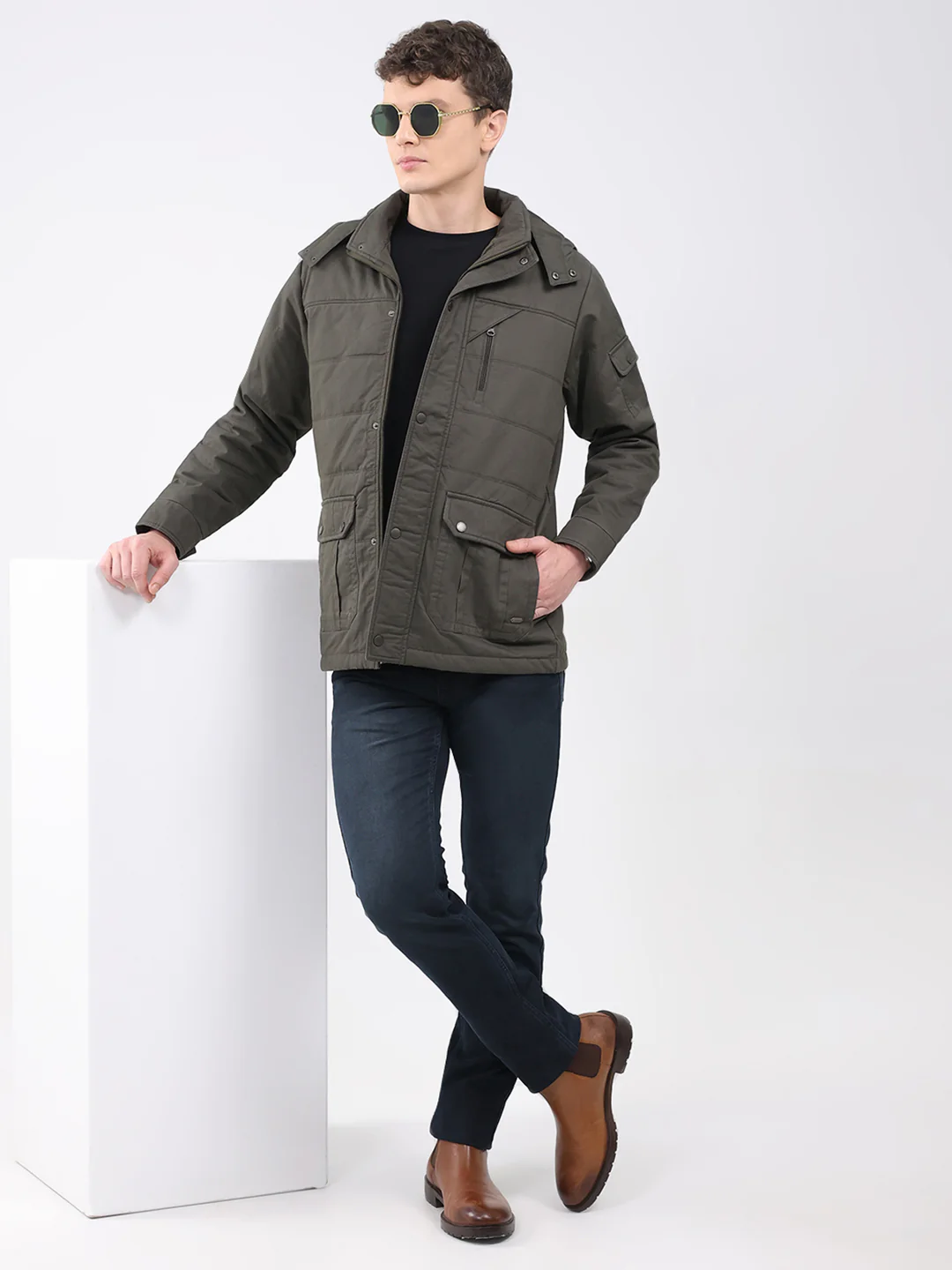 Men Green Solid Hooded Full Sleeve Jacket - Image 2
