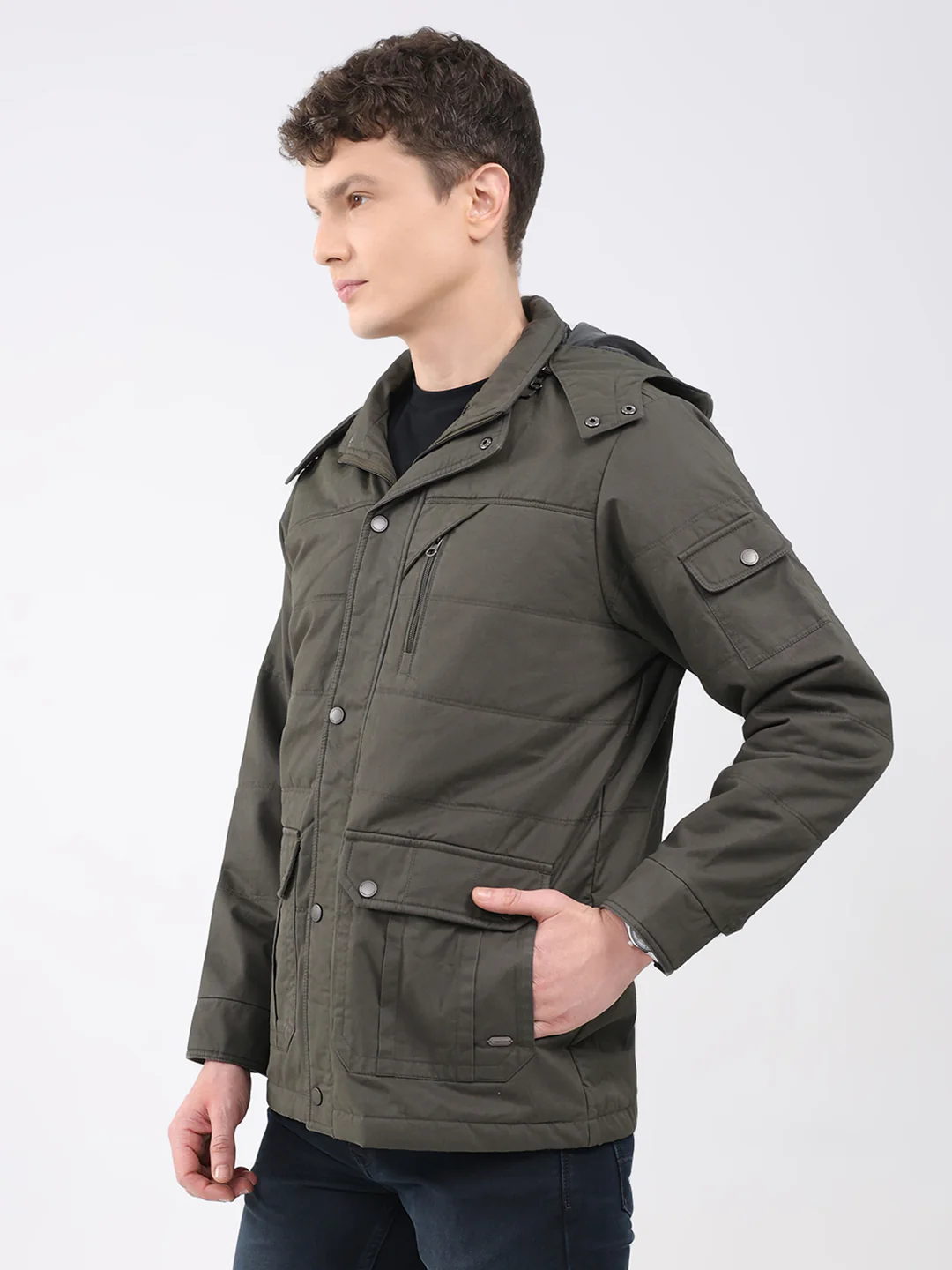 Men Green Solid Hooded Full Sleeve Jacket - Image 3