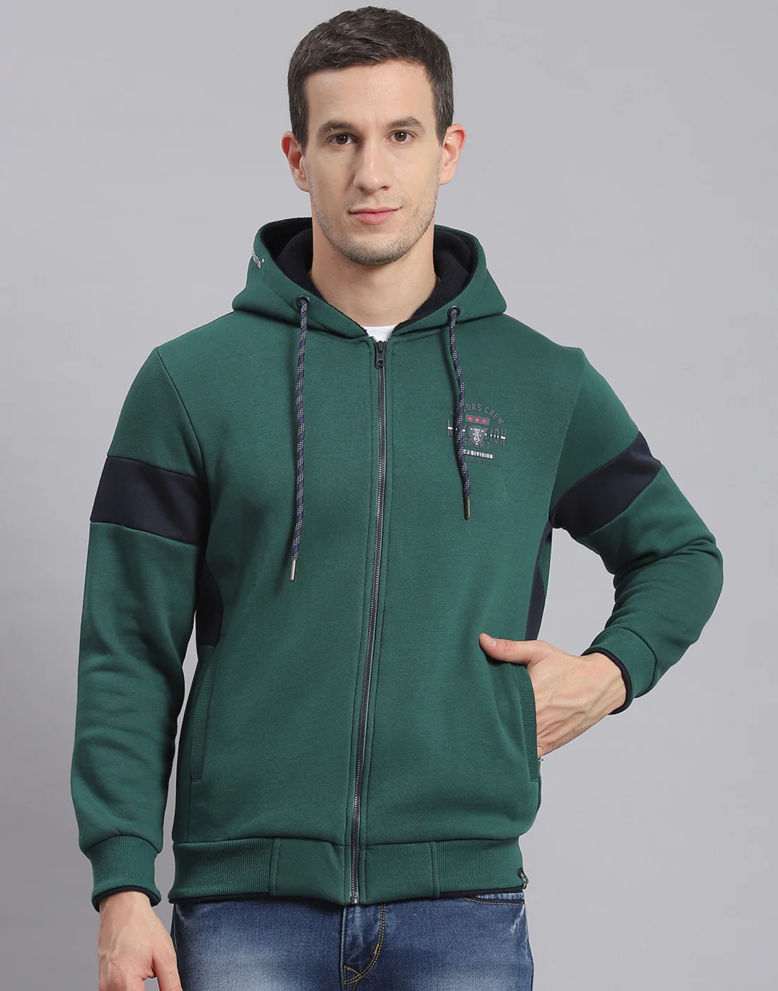 Men Green Solid Hooded Full Sleeve Sweatshirt - Image 2
