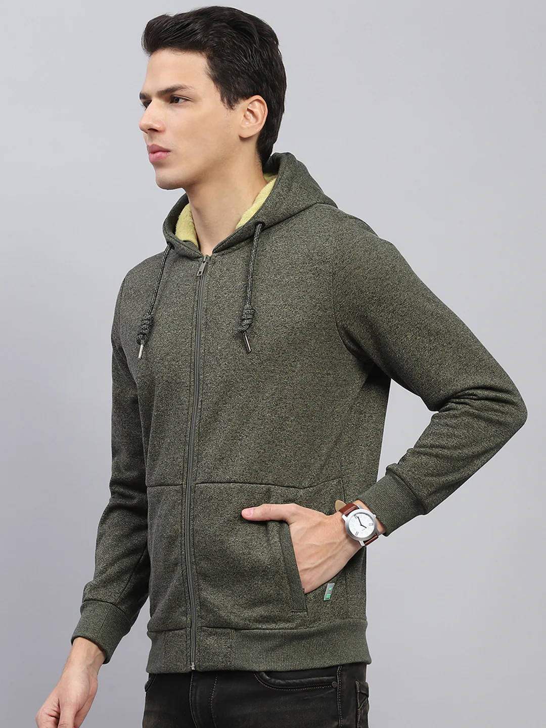Men Green Solid Hooded Full Sleeve Sweatshirt - Image 2