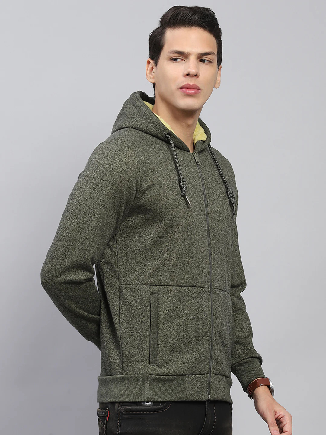 Men Green Solid Hooded Full Sleeve Sweatshirt - Image 3