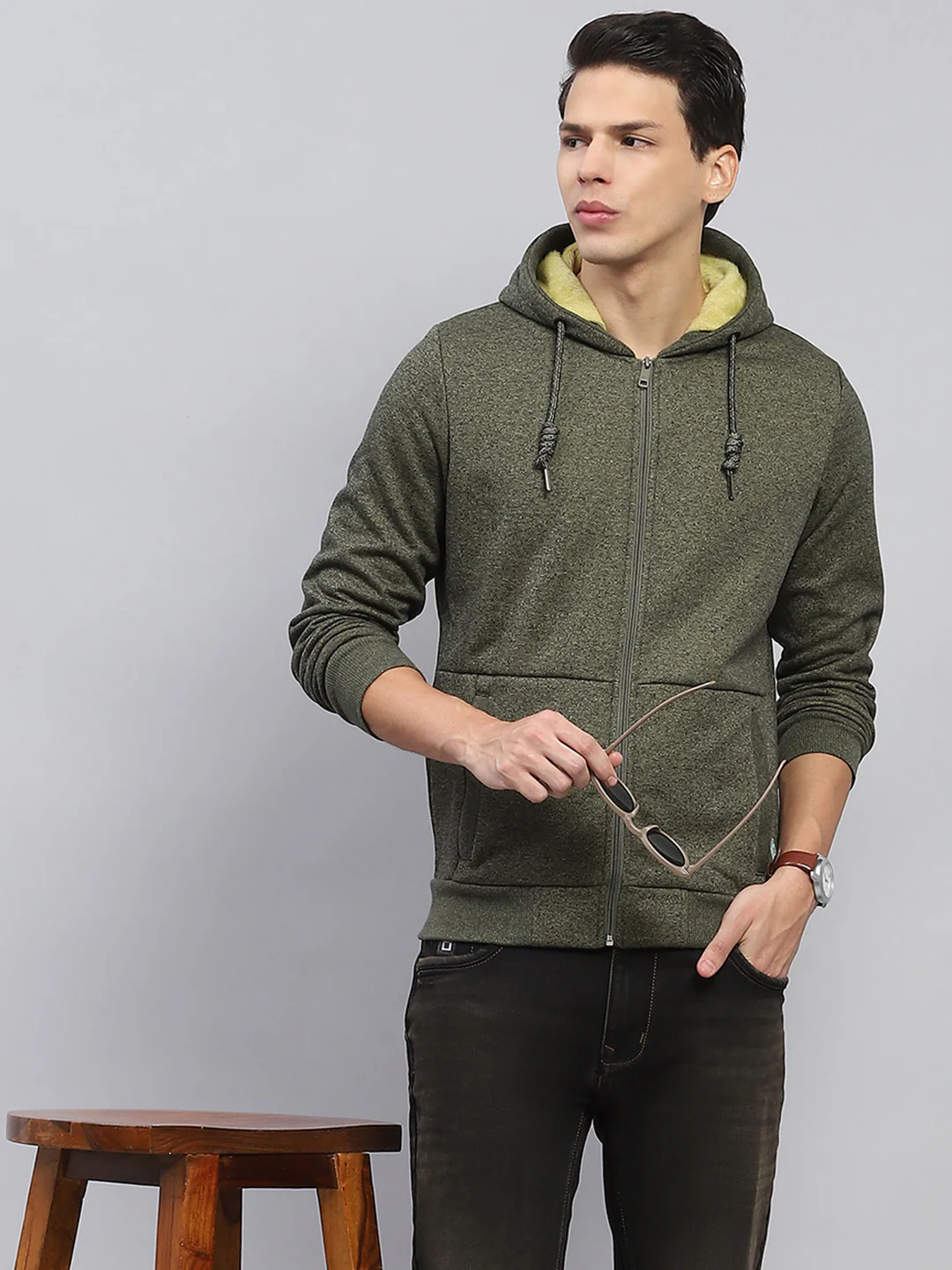 Men Green Solid Hooded Full Sleeve Sweatshirt - Image 6