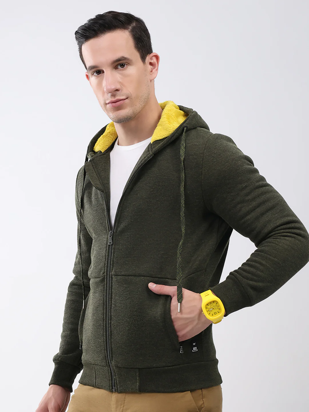 Men Green Solid Hooded Full Sleeve Sweatshirt - Image 3