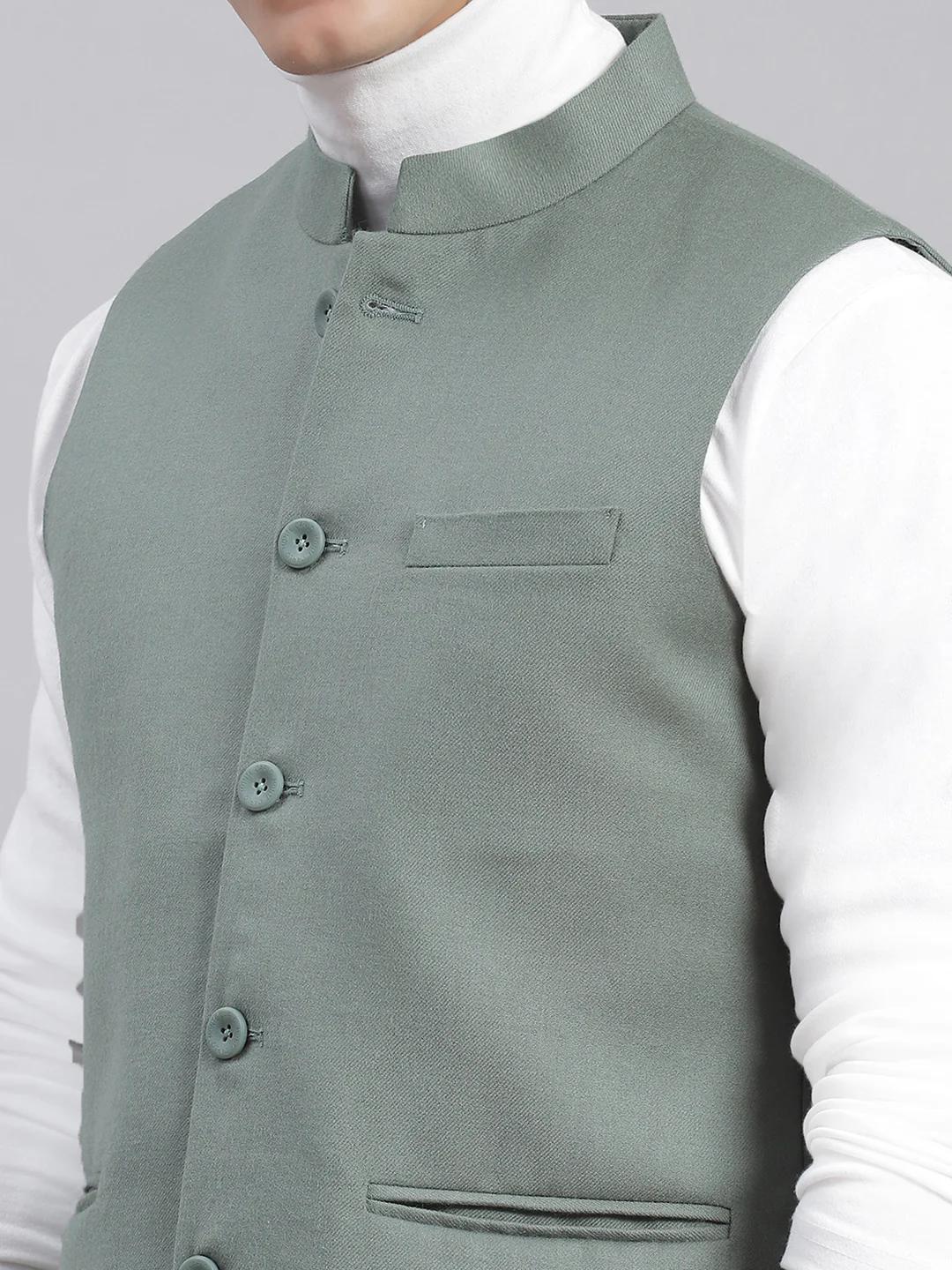 Men Green Solid Mandarin Collar Sleeveless Nehru Jackets - Image 7