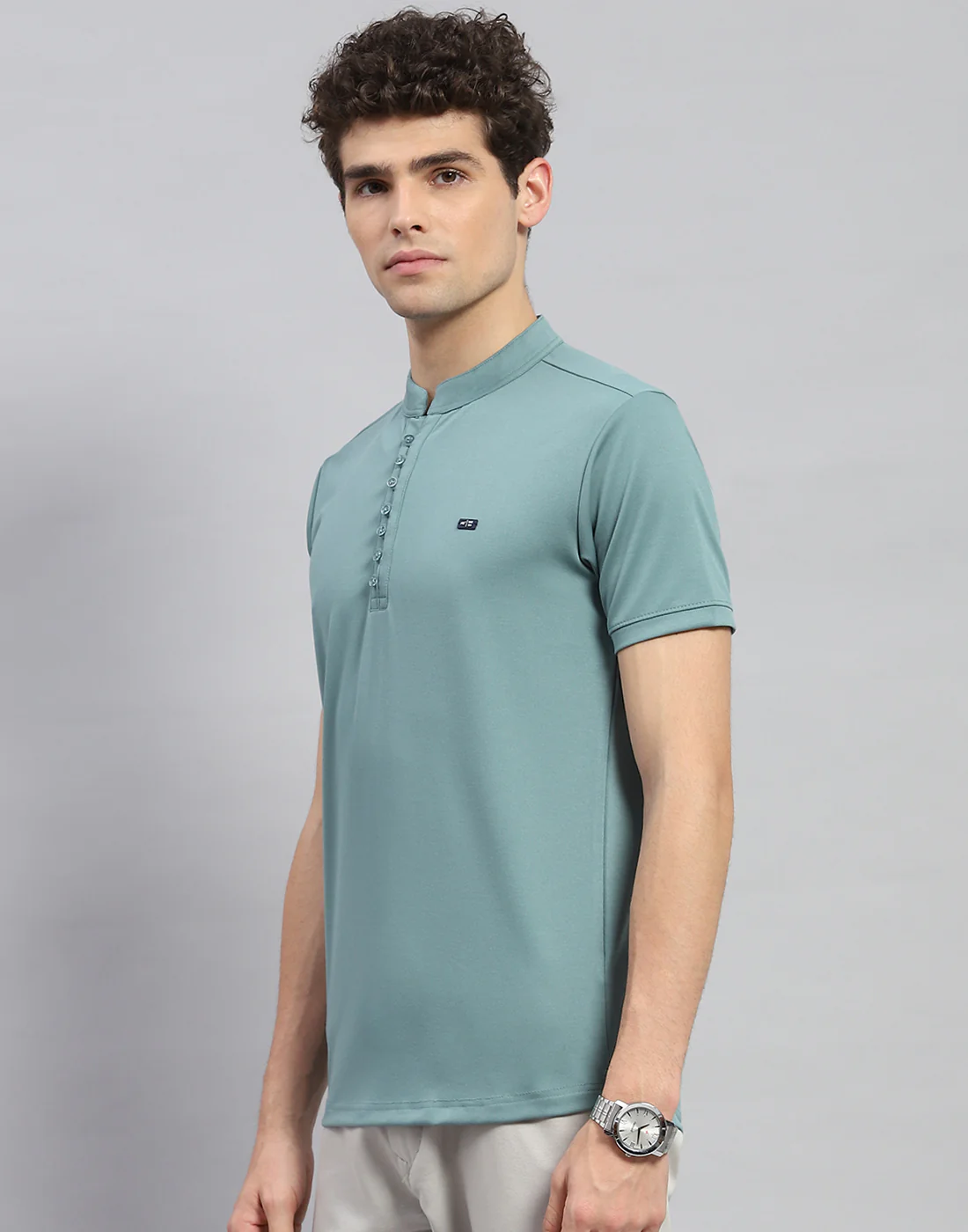 Men Green Solid  Mandarin Neck Half Sleeve T-Shirt - Image 3