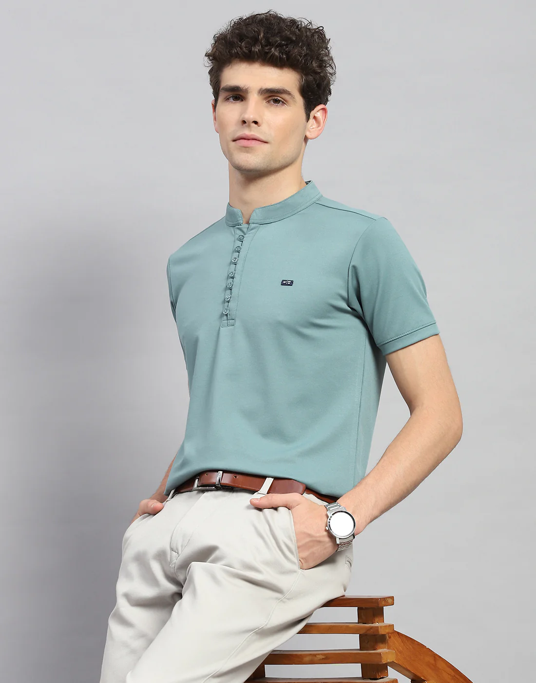 Men Green Solid  Mandarin Neck Half Sleeve T-Shirt - Image 6