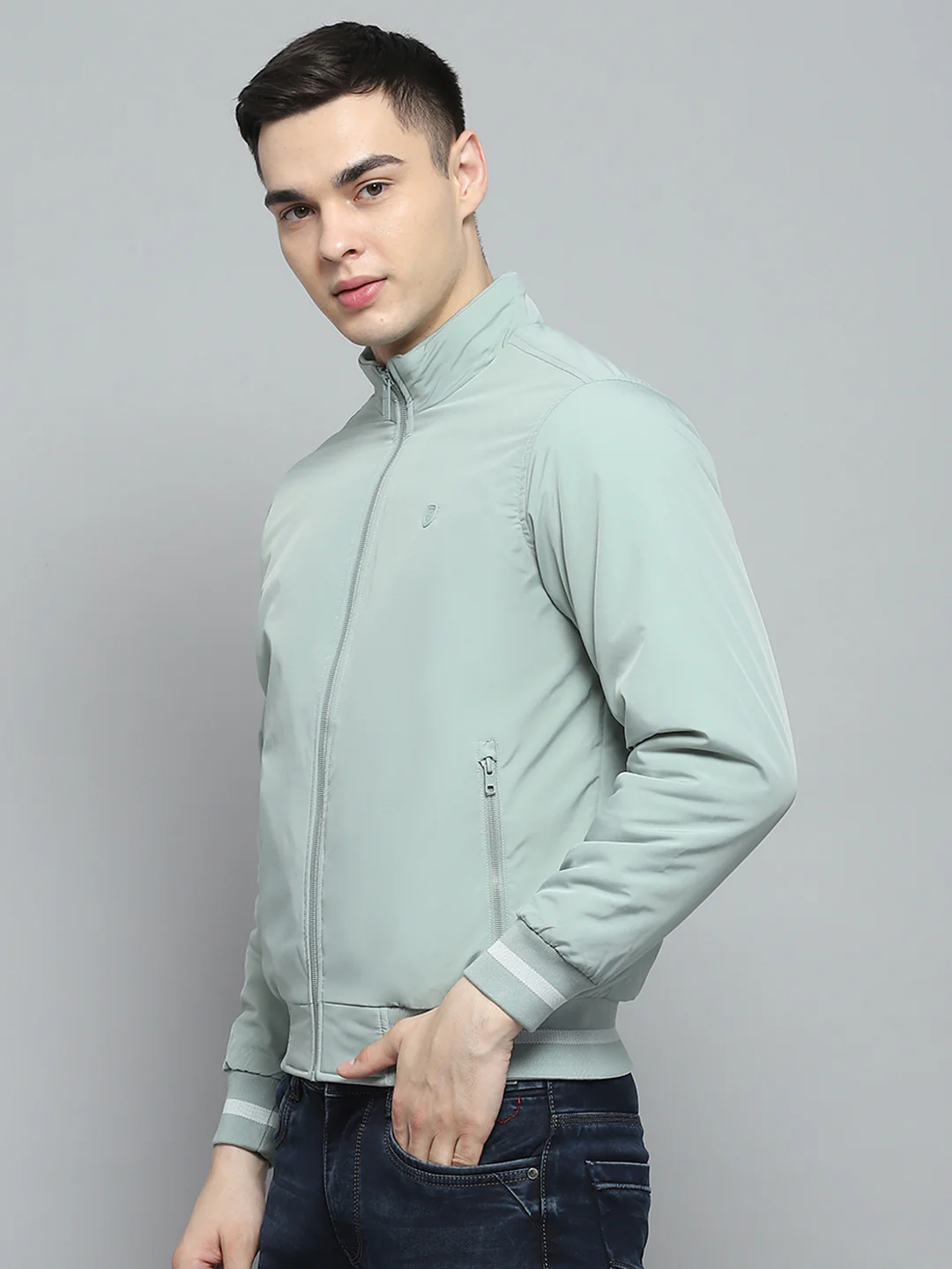Men Green Solid Mock Neck Full Sleeve Jacket - Image 3