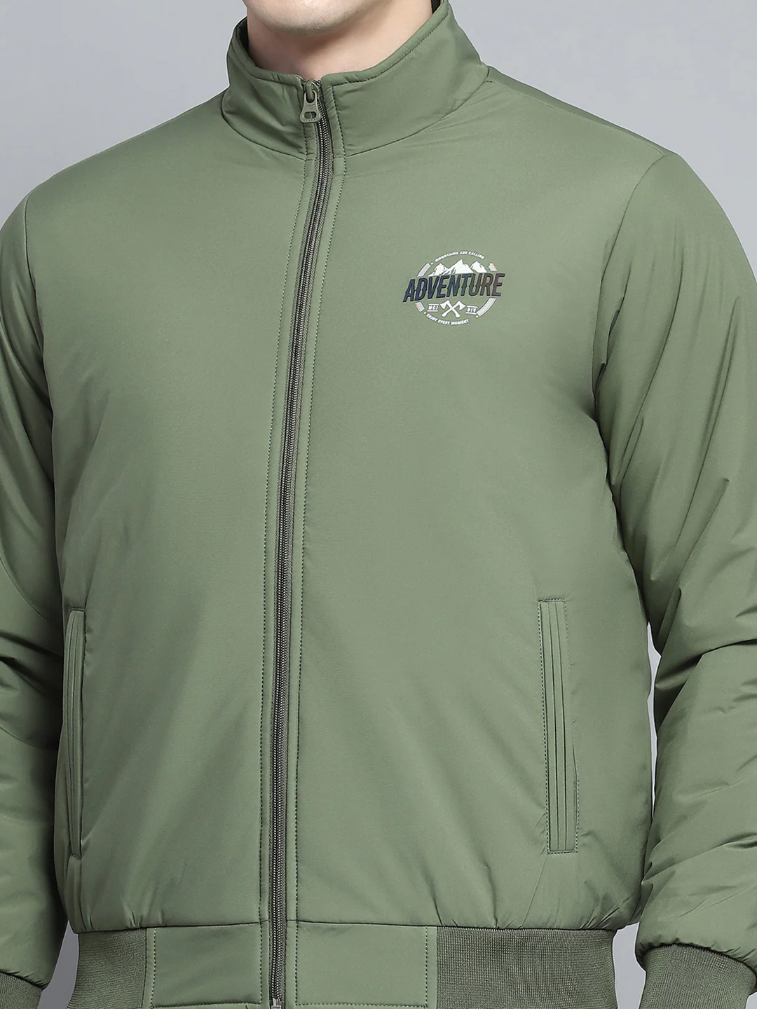 Men Green Solid Mock Neck Full Sleeve Jacket - Image 6