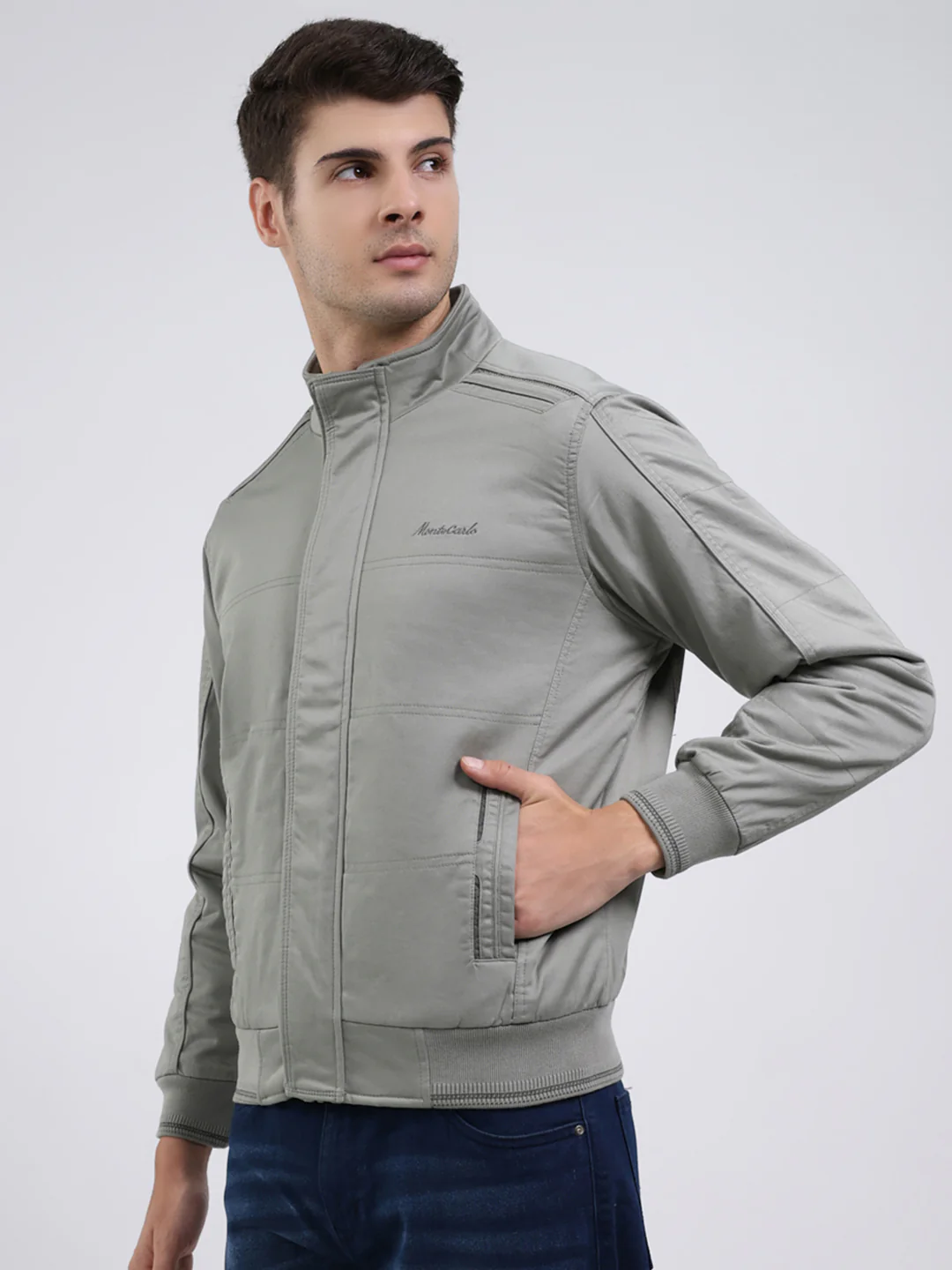 Men Green Solid Mock Neck Full Sleeve Jacket - Image 3