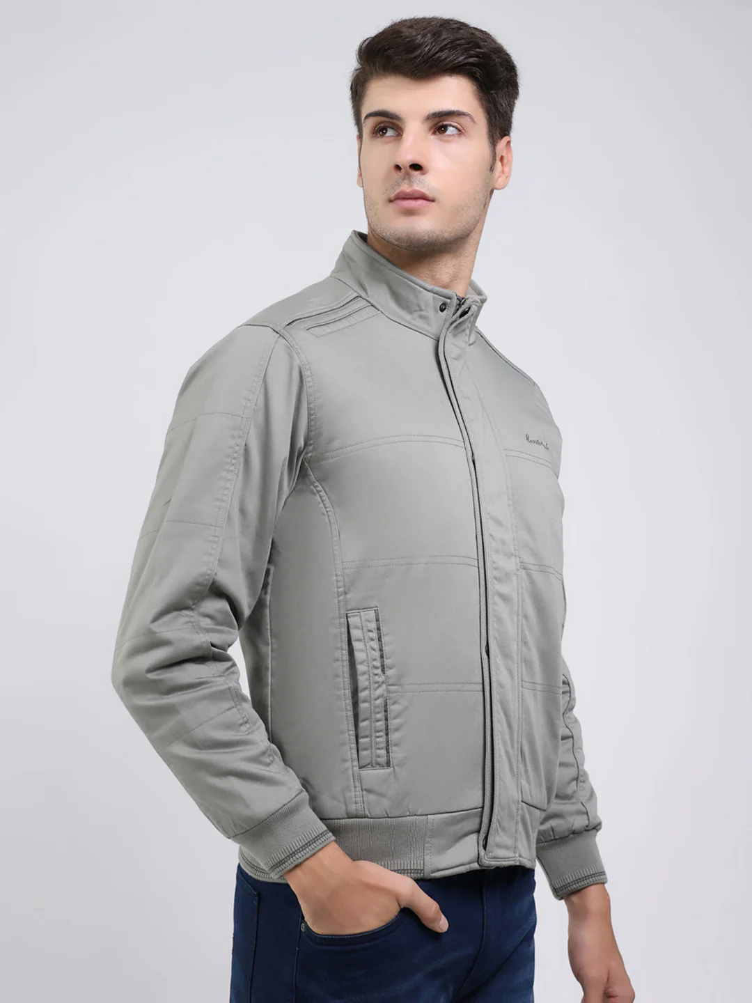 Men Green Solid Mock Neck Full Sleeve Jacket - Image 4