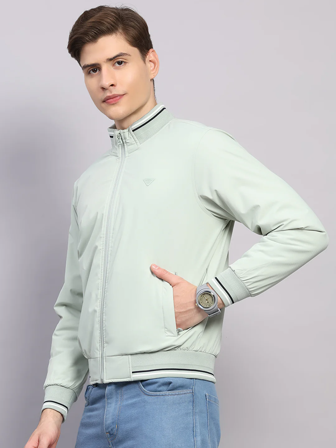 Men Green Solid Mock Neck Full Sleeve Jacket - Image 3