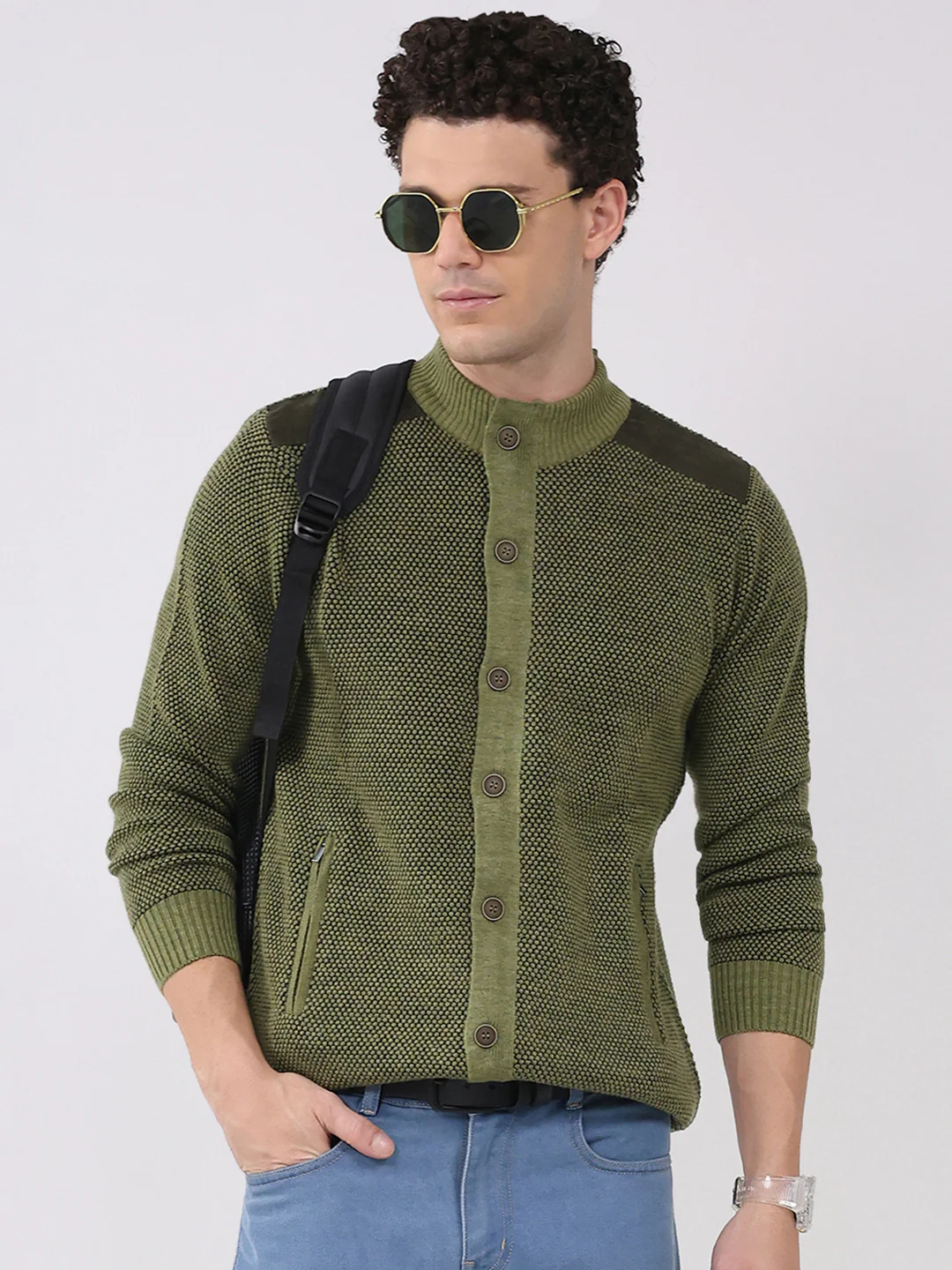Men Green Solid Mock Neck Full Sleeve Pullover - Image 6