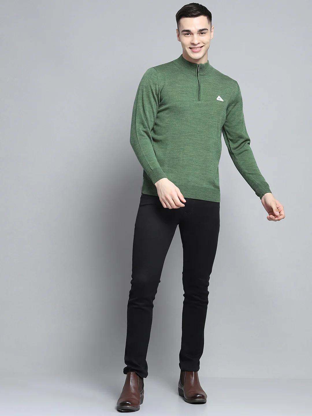 Men Green Solid Mock Neck Full Sleeve Pullover - Image 2