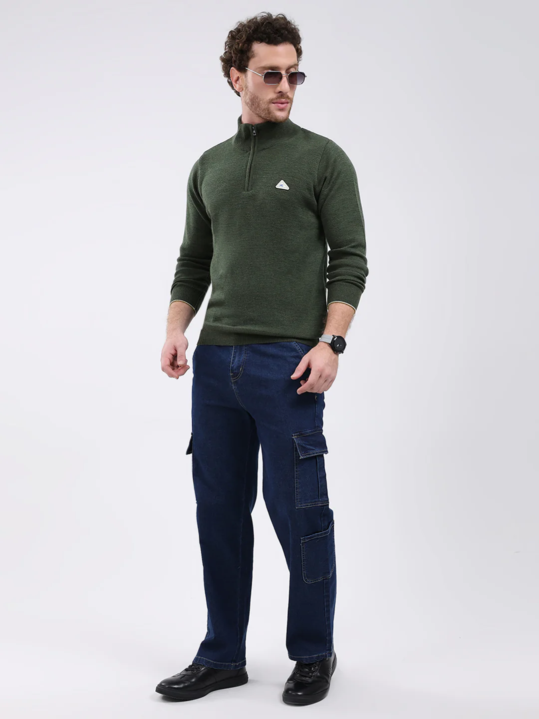 Men Green Solid Mock Neck Full Sleeve Pullover - Image 2