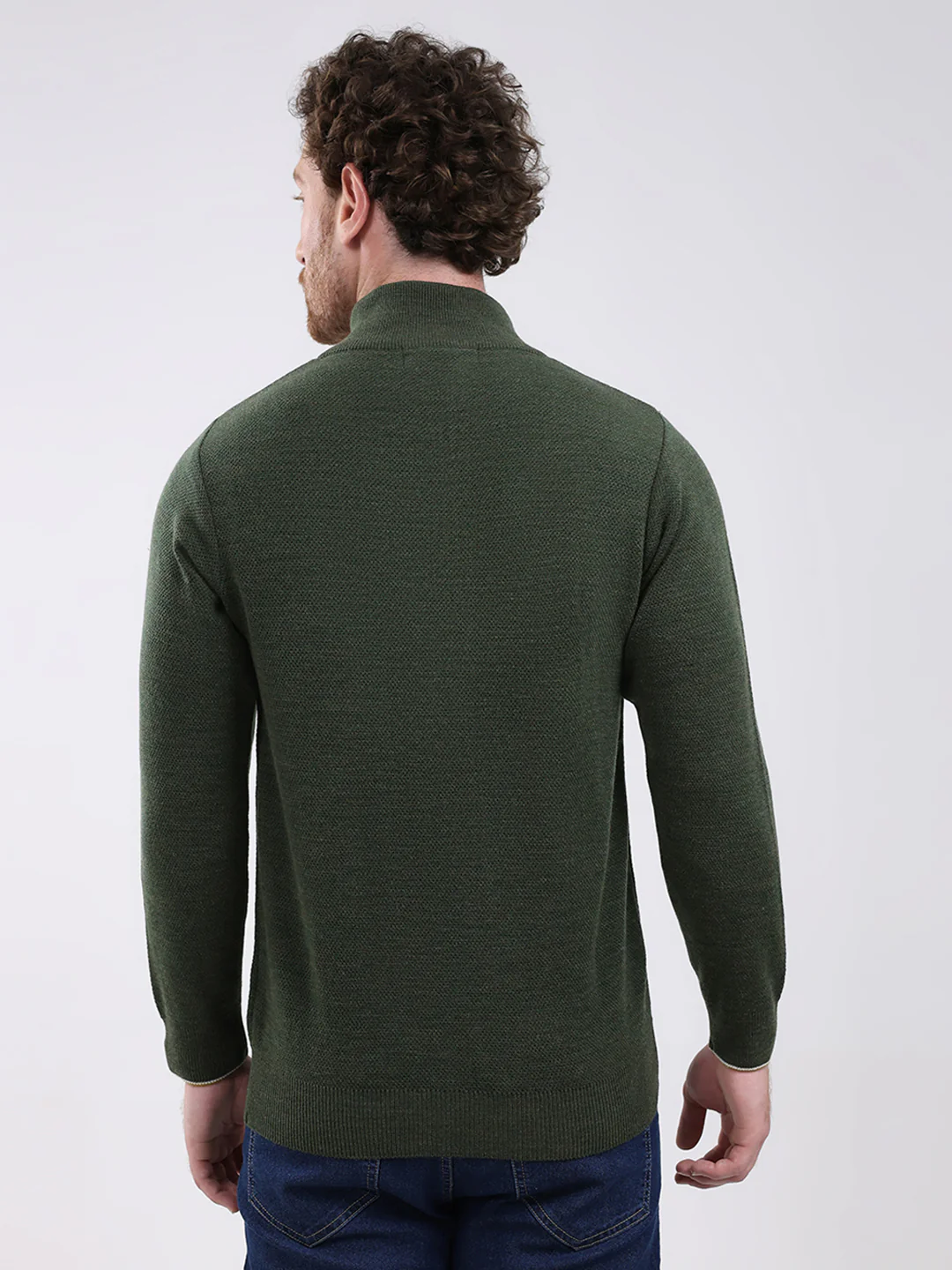 Men Green Solid Mock Neck Full Sleeve Pullover - Image 5