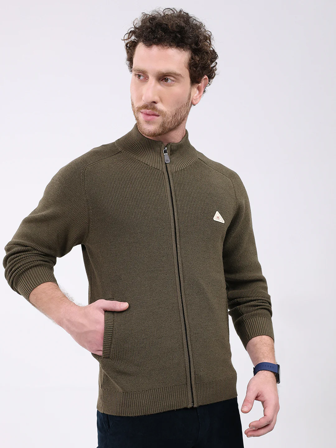 Men Green Solid Mock Neck Full Sleeve Pullover - Image 4