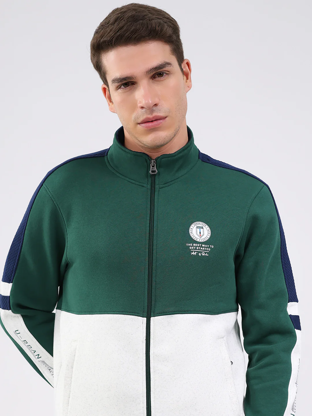 Men Green Solid Mock Neck Full Sleeve Winter Tracksuit - Image 6