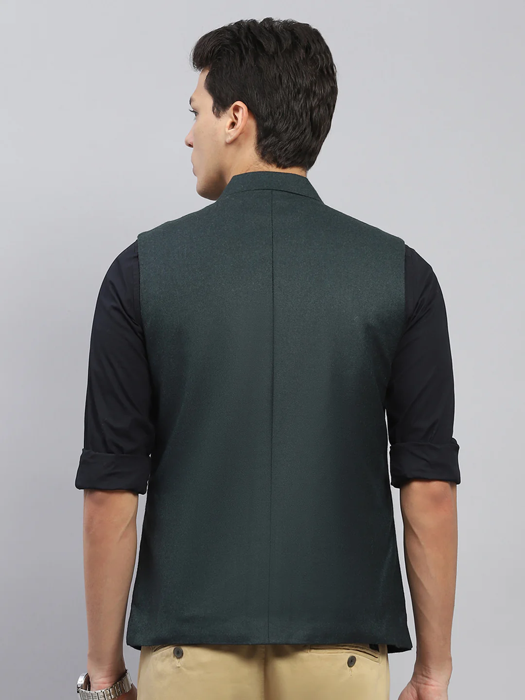 Men Green Solid Mock Neck Sleeveless Nehru Jacket - Image 5