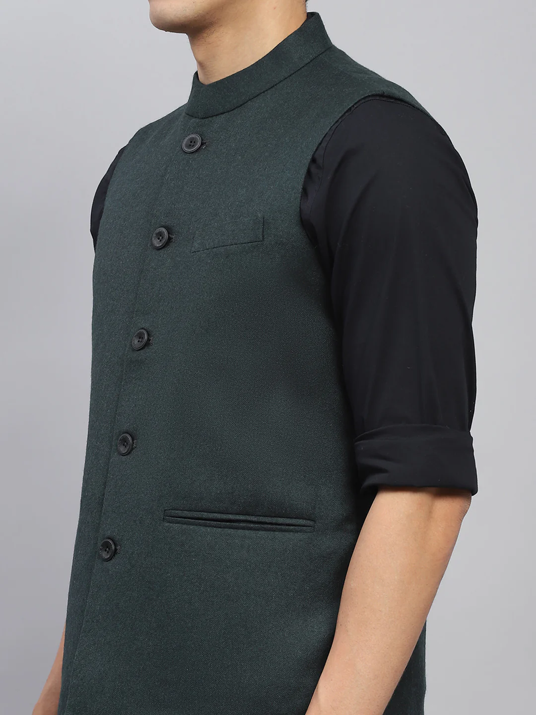 Men Green Solid Mock Neck Sleeveless Nehru Jacket - Image 6