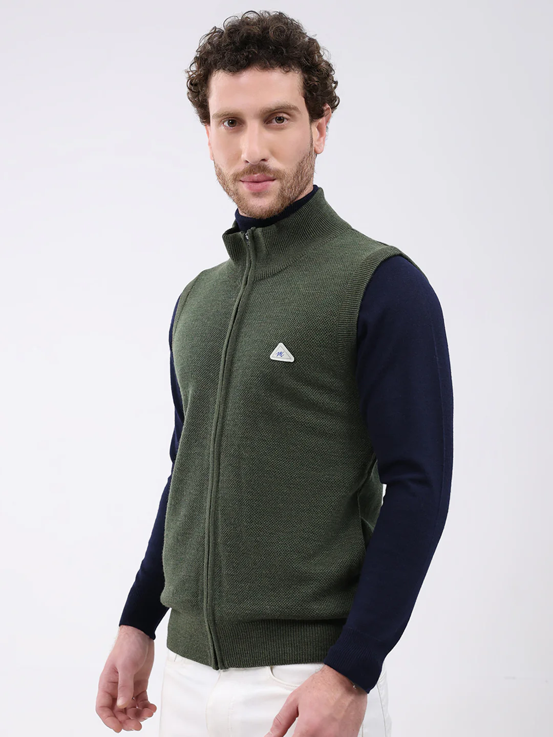 Men Green Solid Mock Neck Sleeveless Sweater - Image 3