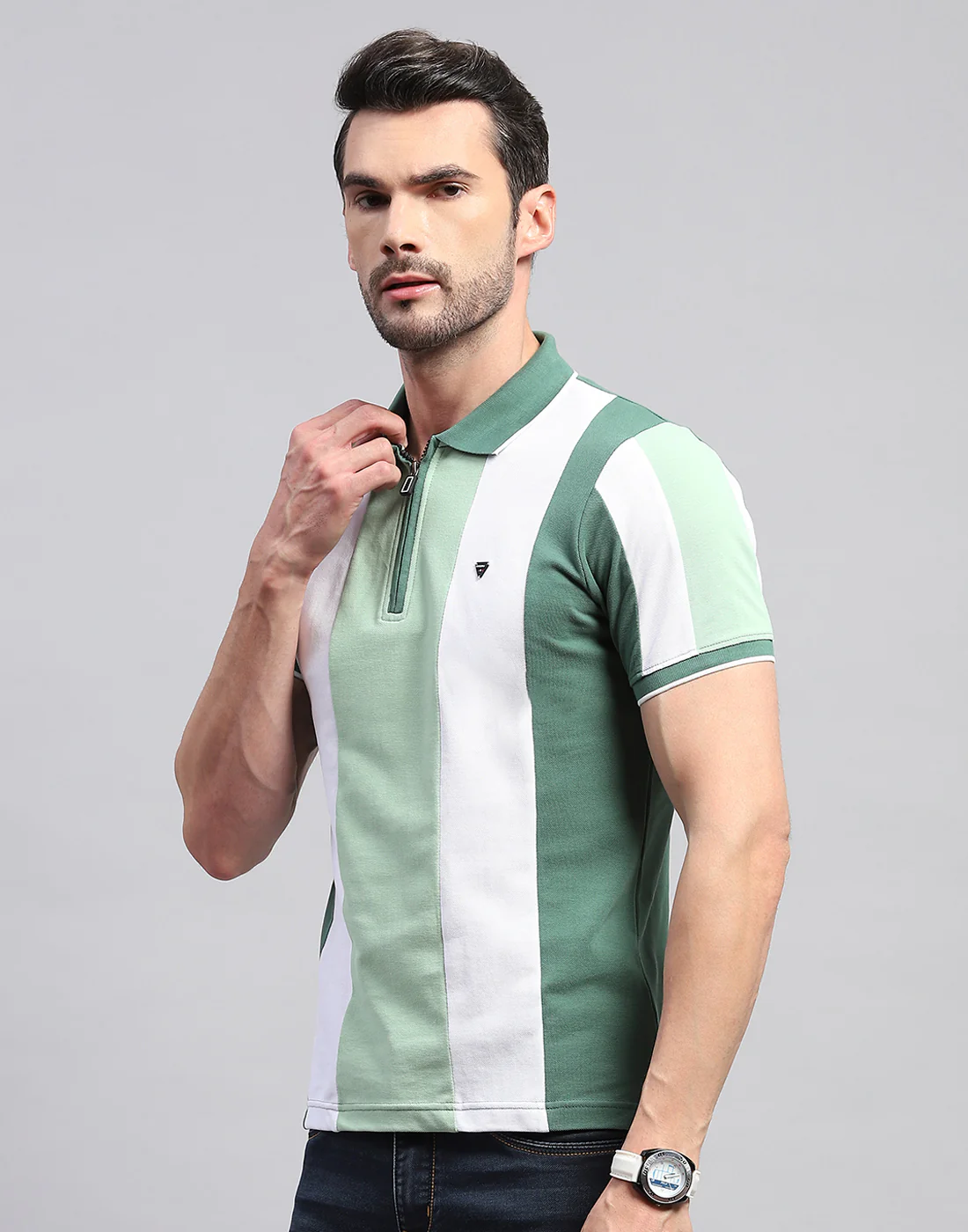 Men Green Solid Polo Collar Half Sleeve T-Shirt - Image 3