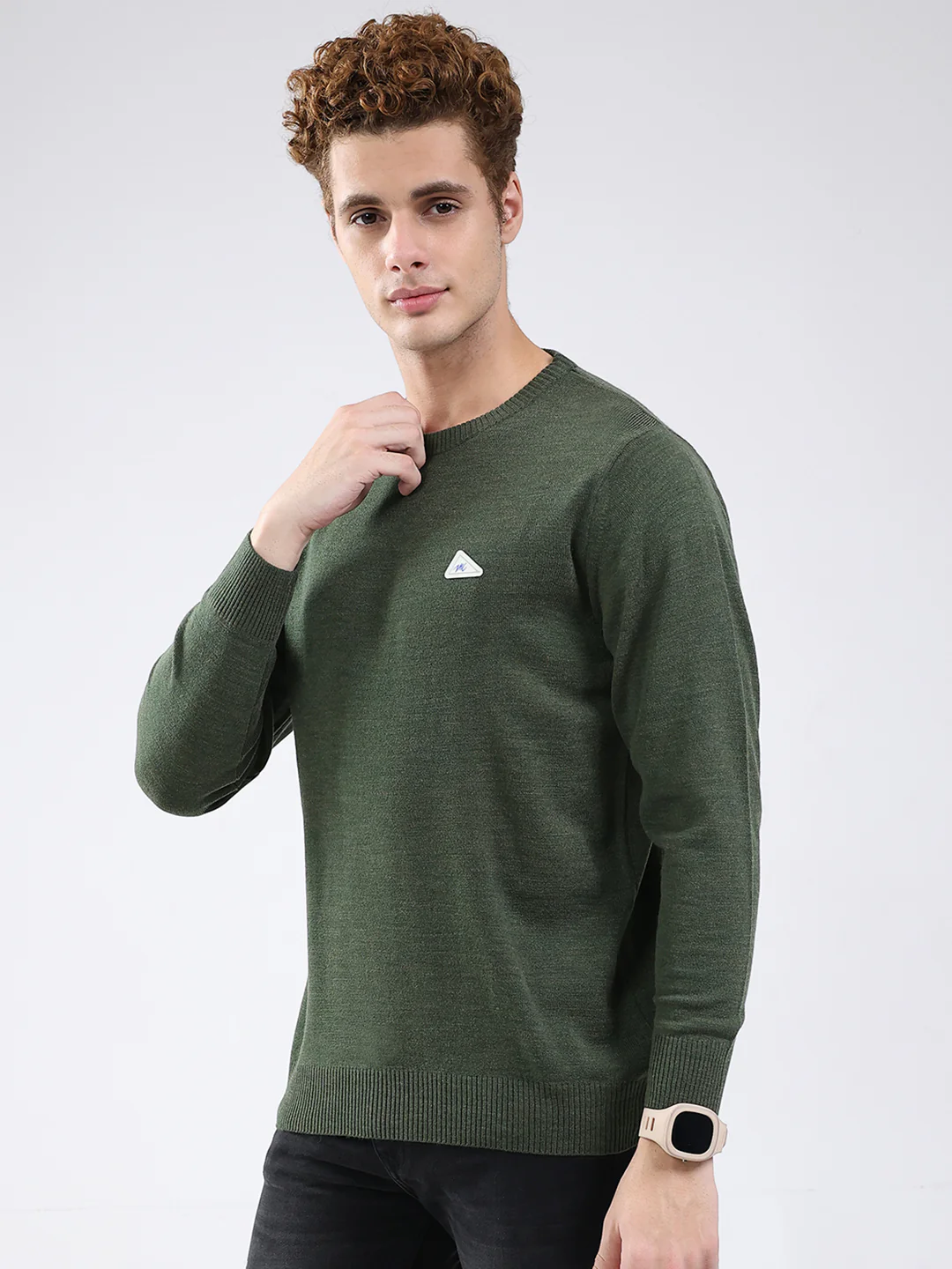 Men Green Solid Round Neck Full Sleeve Pullover - Image 3