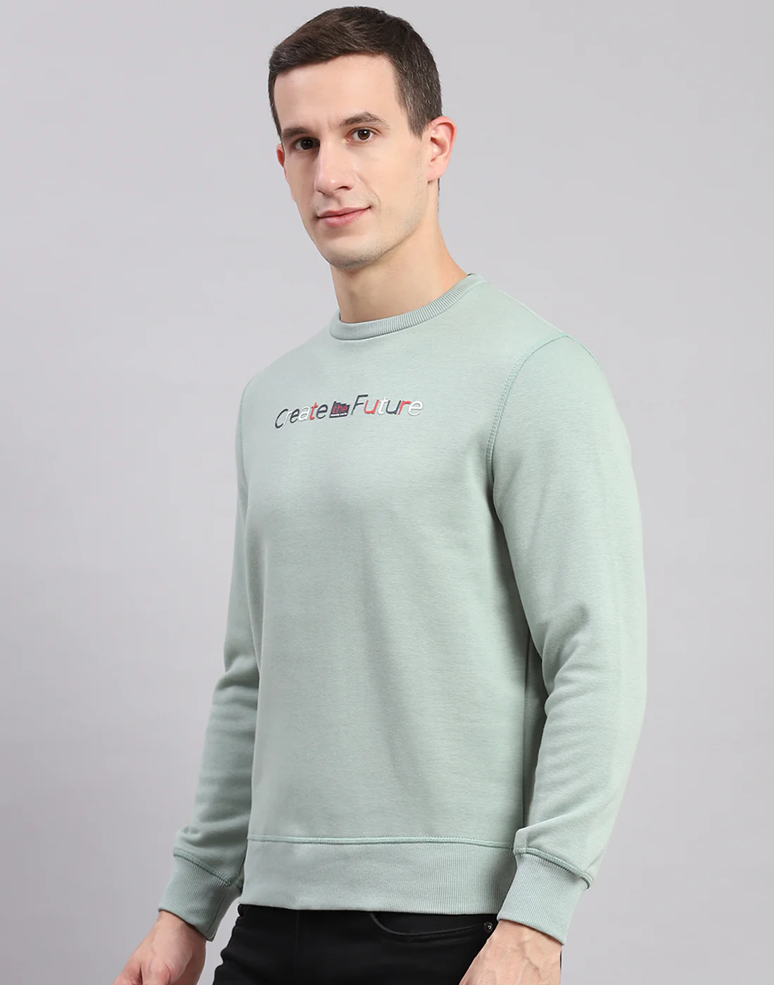 Men Green Solid Round Neck Full Sleeve Sweatshirts - Image 3