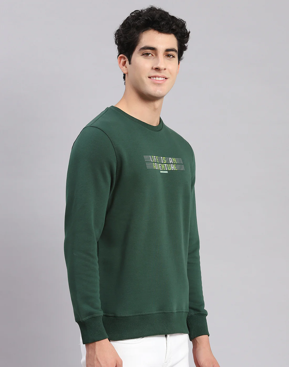 Men Green Solid Round Neck Full Sleeve Sweatshirts - Image 5