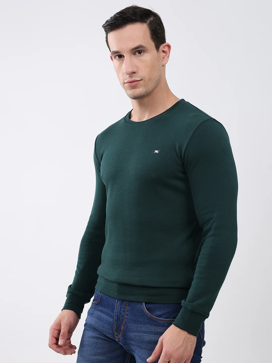 Men Green Solid Round Neck Full Sleeve Winter T-Shirt - Image 3