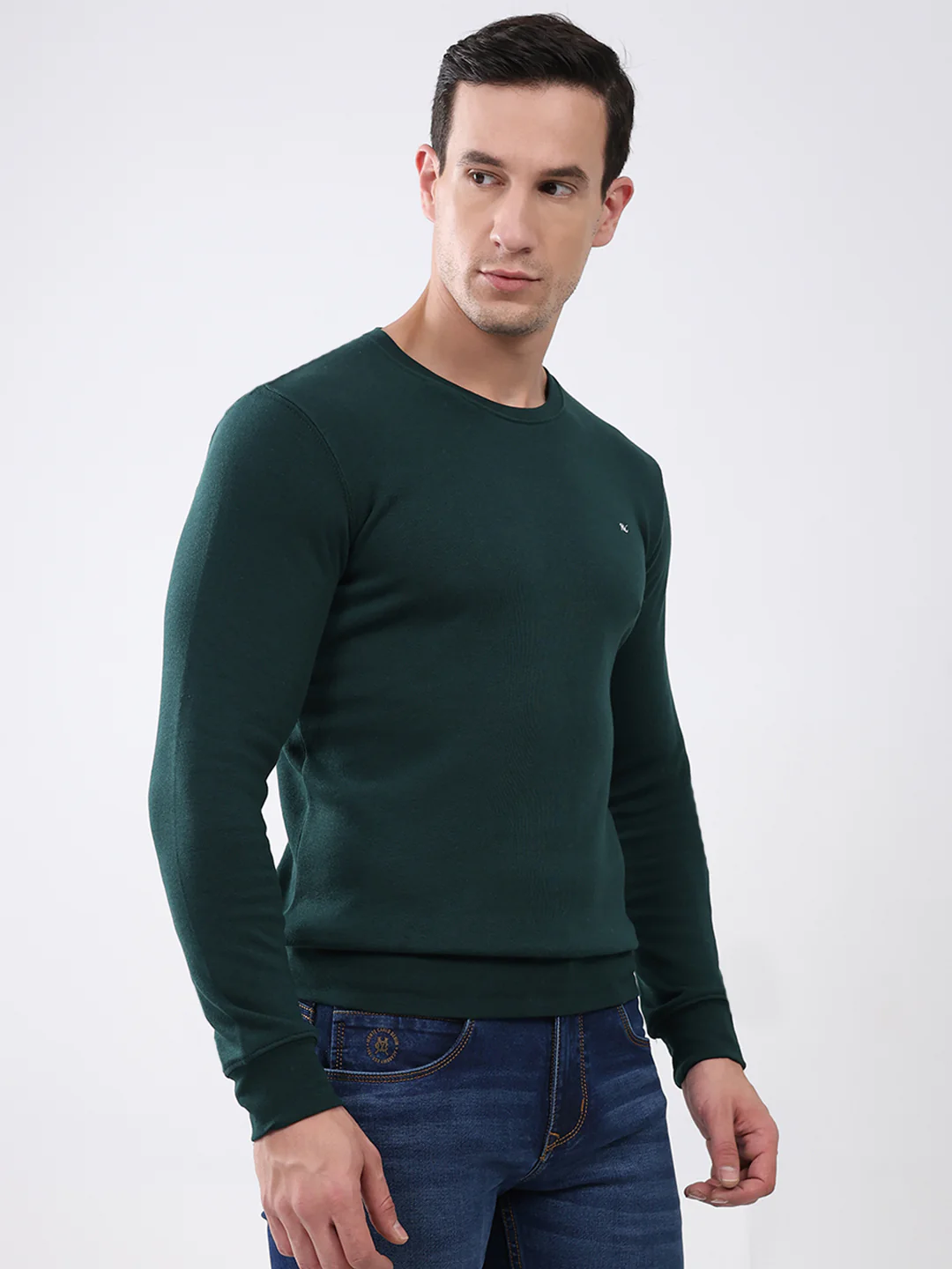 Men Green Solid Round Neck Full Sleeve Winter T-Shirt - Image 4