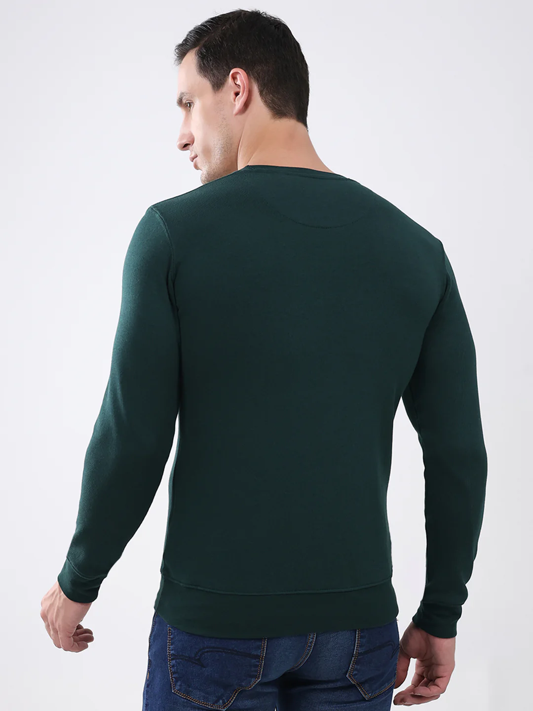 Men Green Solid Round Neck Full Sleeve Winter T-Shirt - Image 5