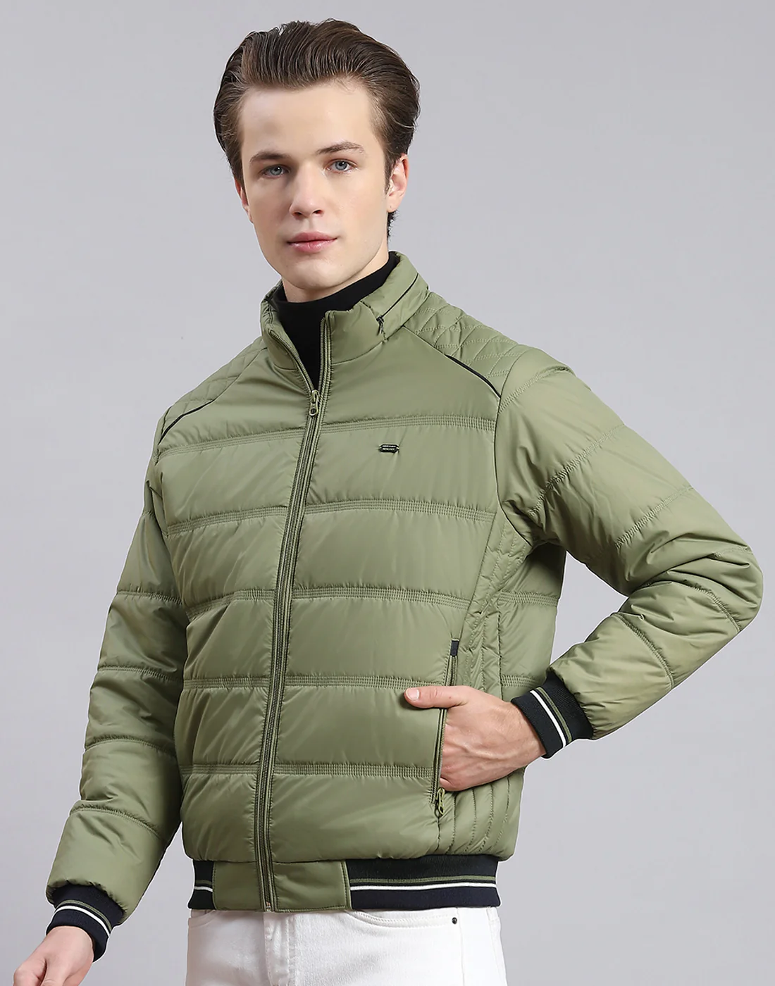 Men Green Solid Stand Collar Full Sleeve Jacket - Image 3