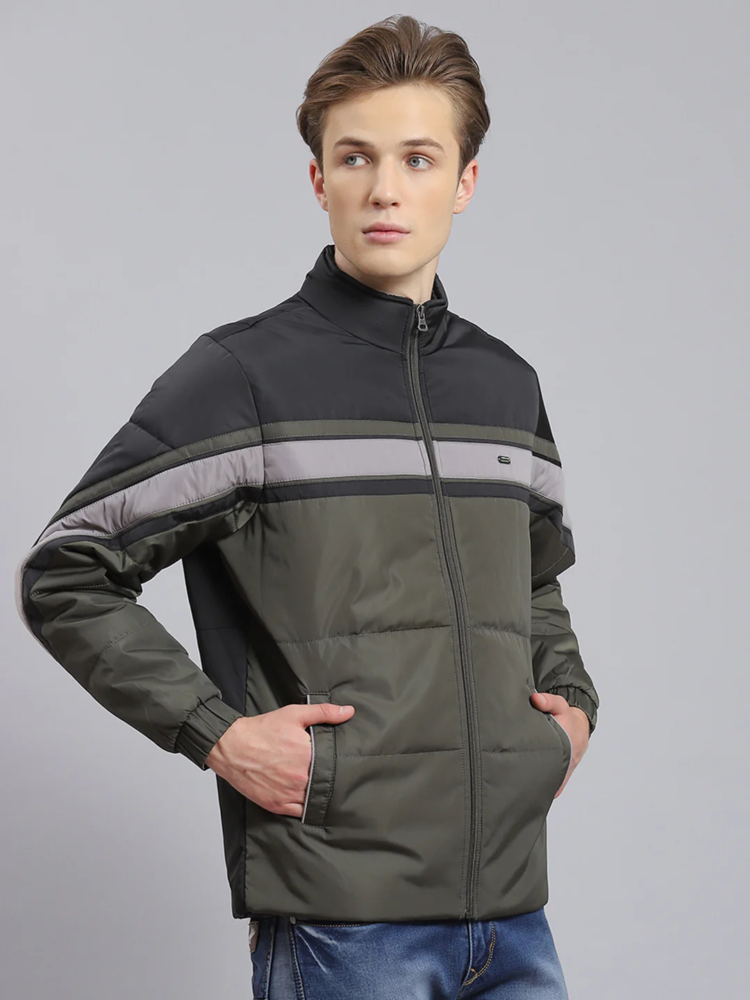 Men Green Solid Stand Collar Full Sleeve Jacket - Image 3