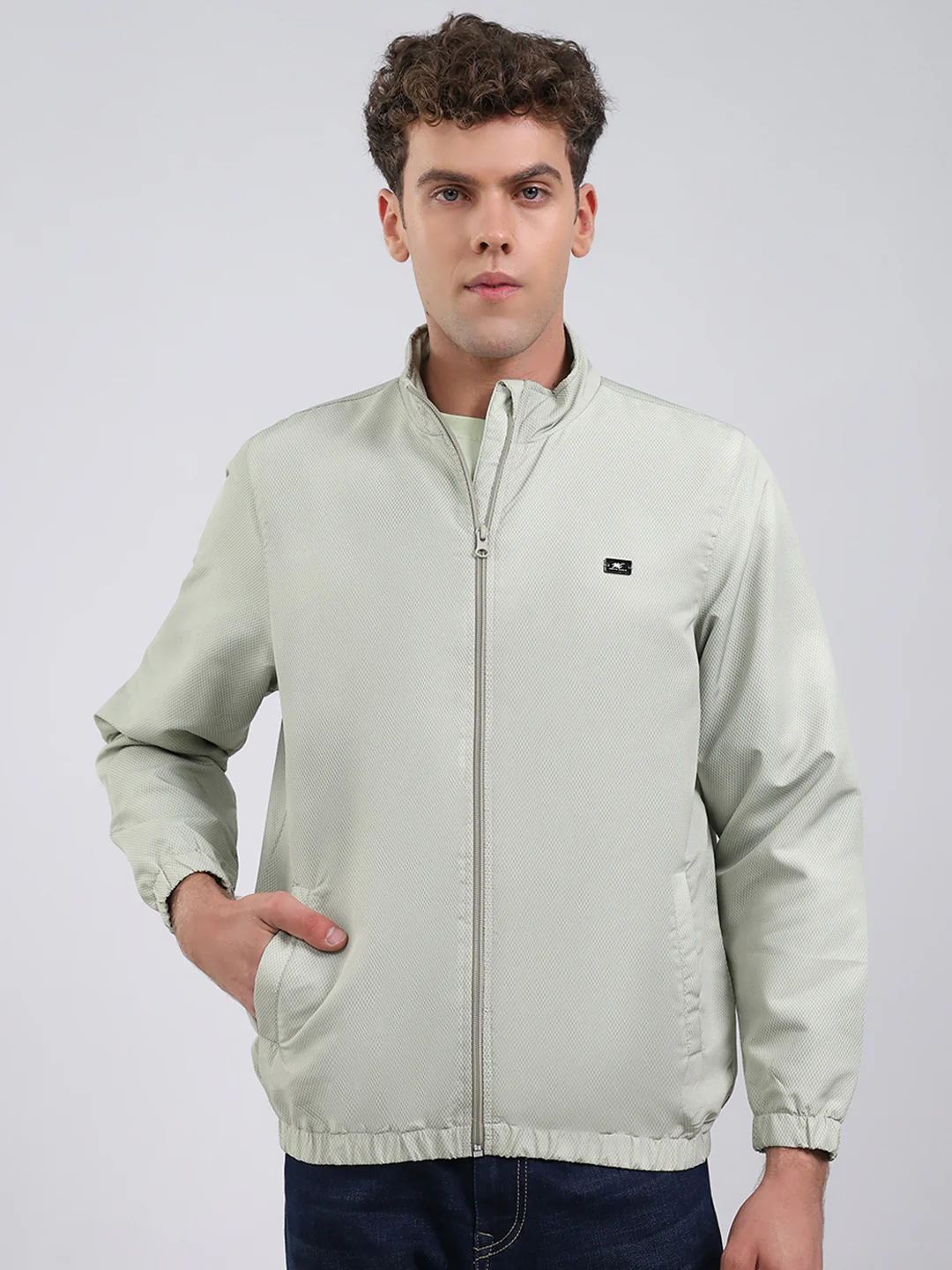 Men Green Solid Stand Collar Full Sleeve Jacket