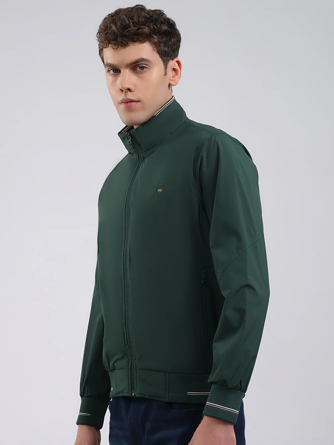 Men Green Solid Stand Collar Full Sleeve Jacket - Image 3