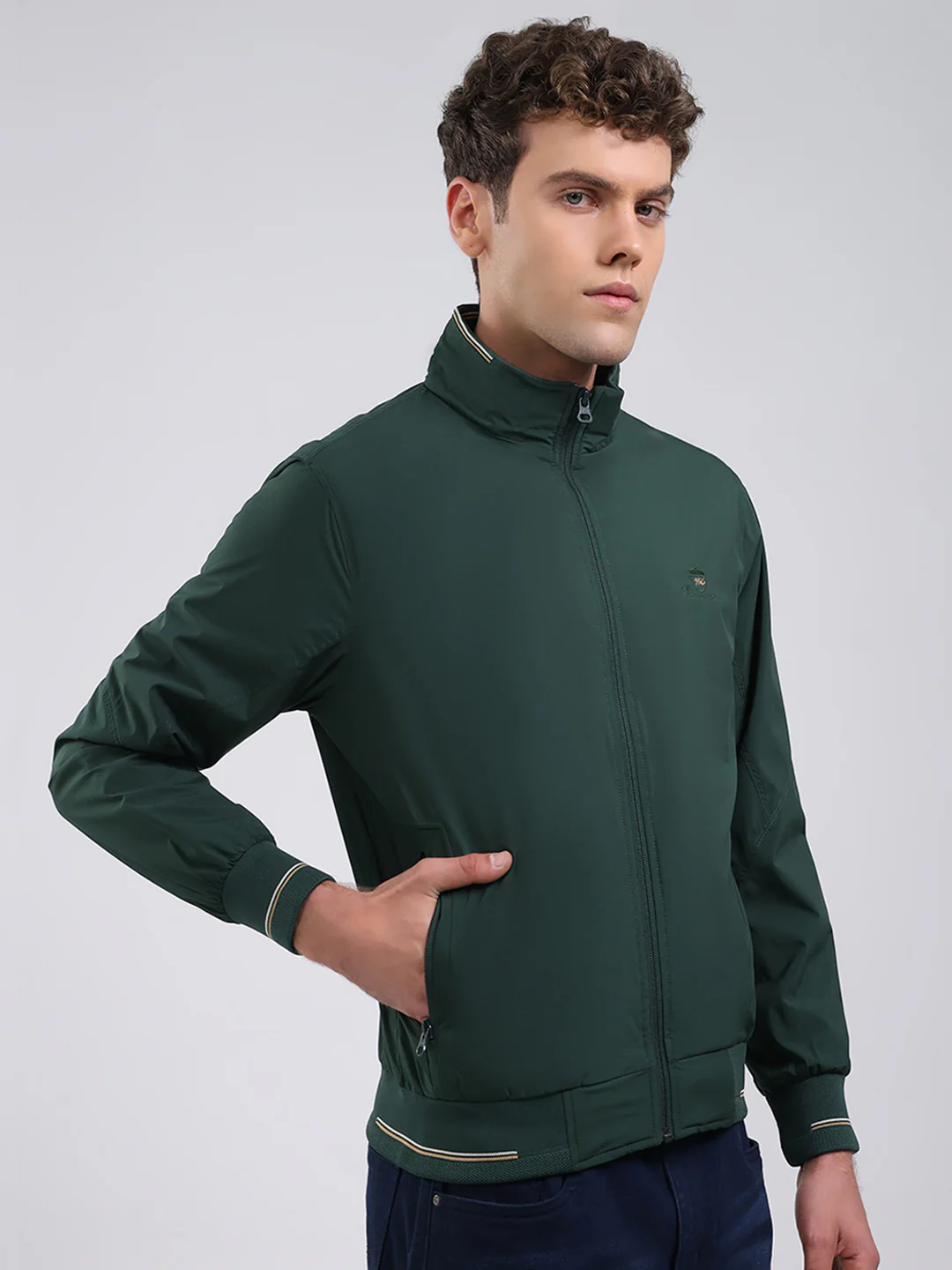 Men Green Solid Stand Collar Full Sleeve Jacket - Image 4