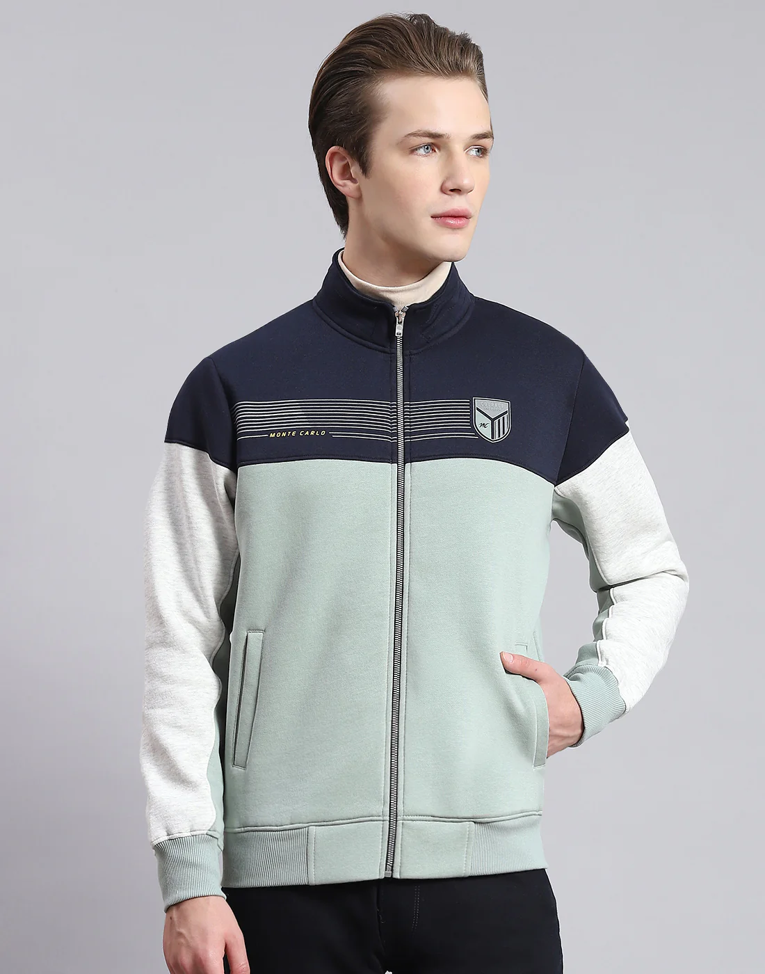 Men Green Solid Stand Collar Full Sleeve Sweatshirt - Image 2