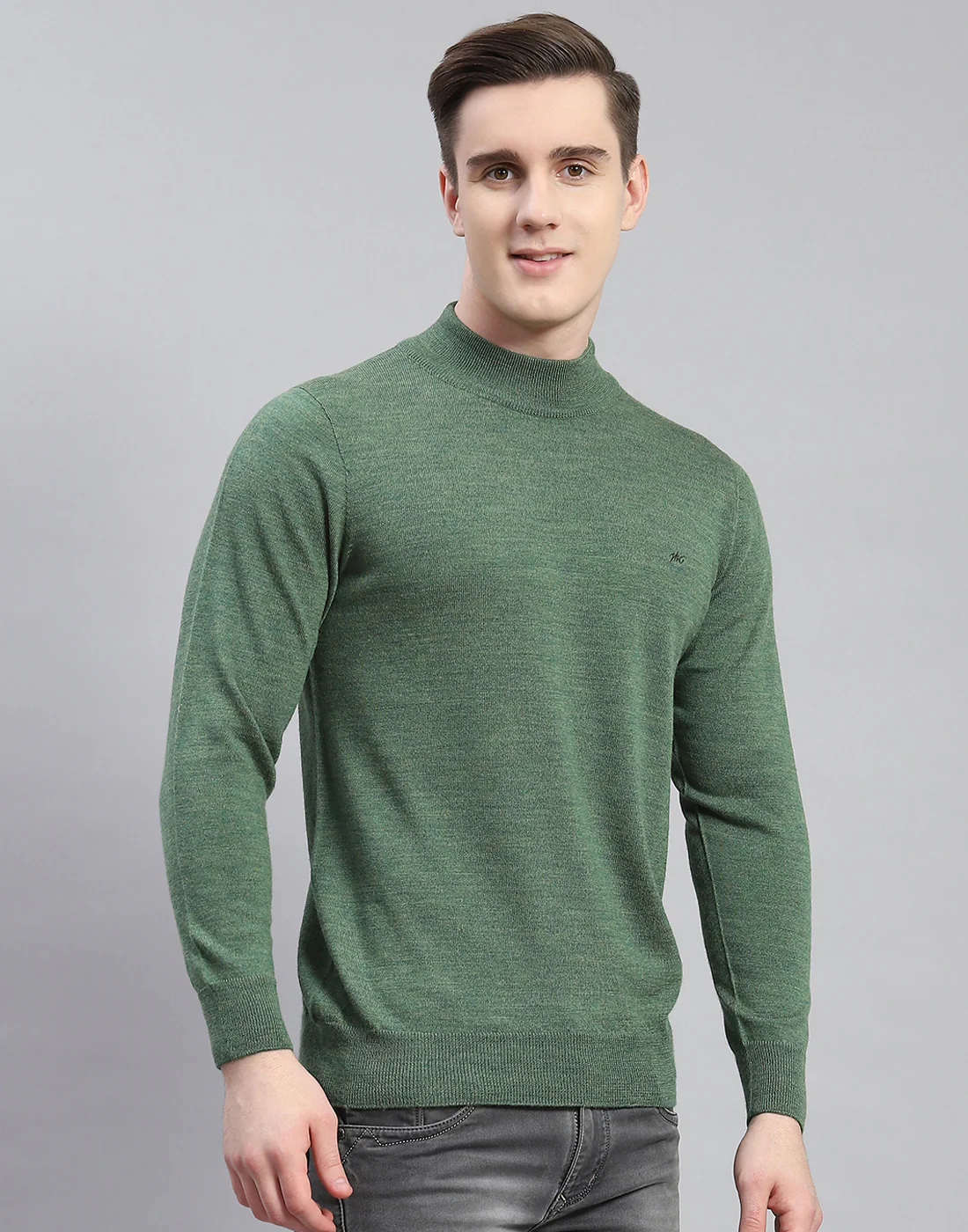 Men Green Solid T Neck Full Sleeve Pullover - Image 4