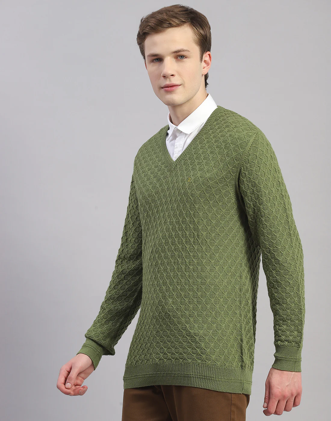 Men Green Solid V Neck Full Sleeve Pullover - Image 3