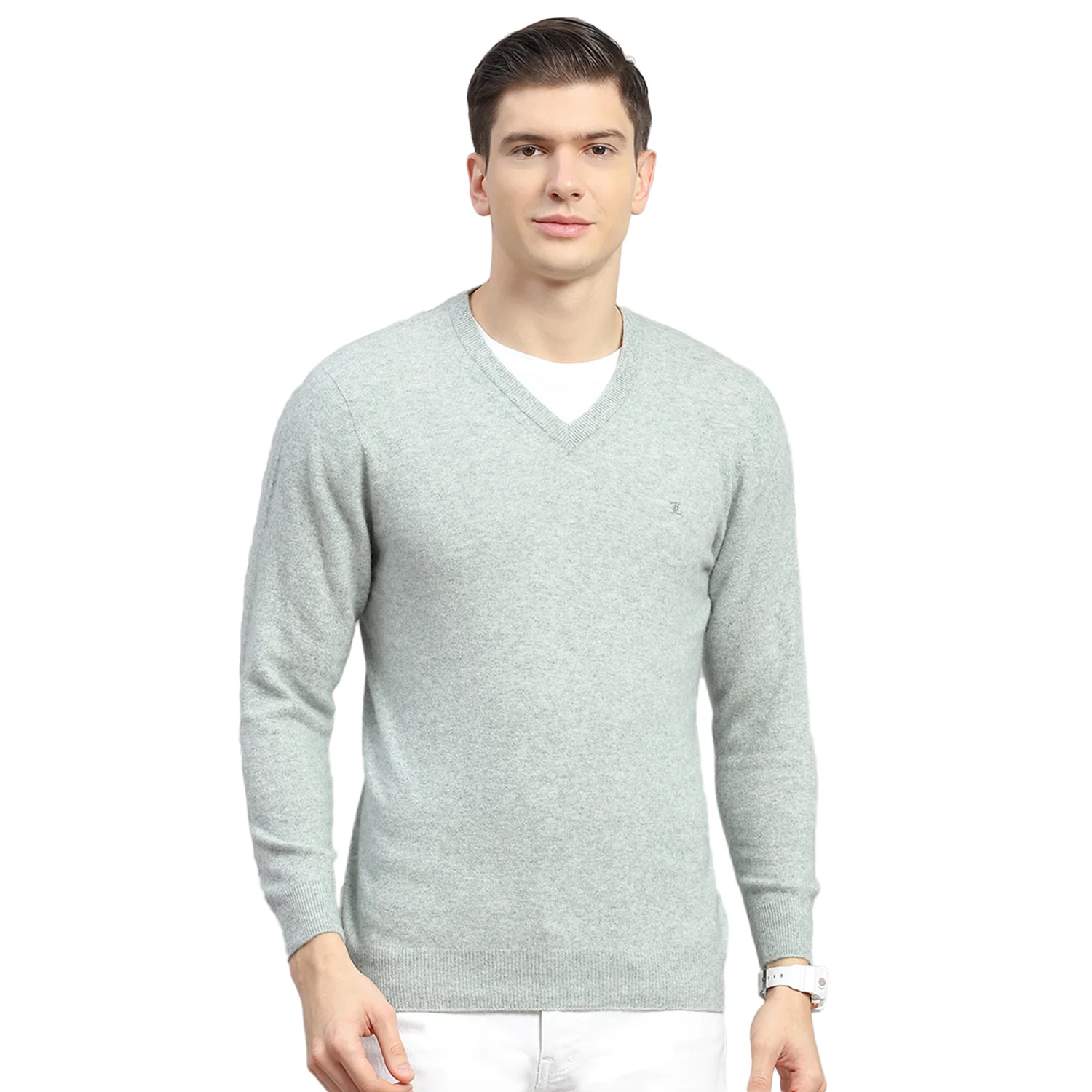 Men Green Solid V Neck Full Sleeve Sweater - Image 5
