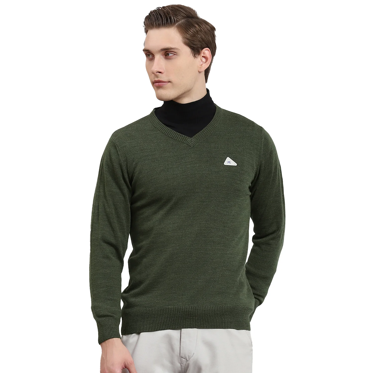 Men Green Solid V Neck Full Sleeve Sweater - Image 5