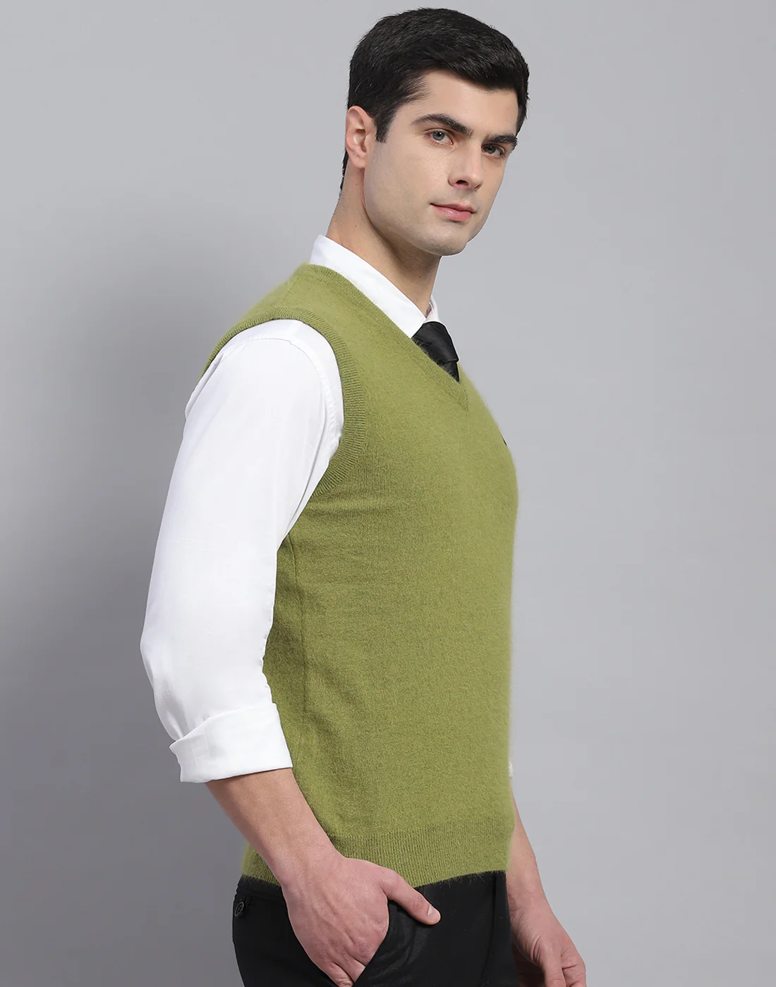 Men Green Solid V Neck Sleeveless Sweater - Image 6