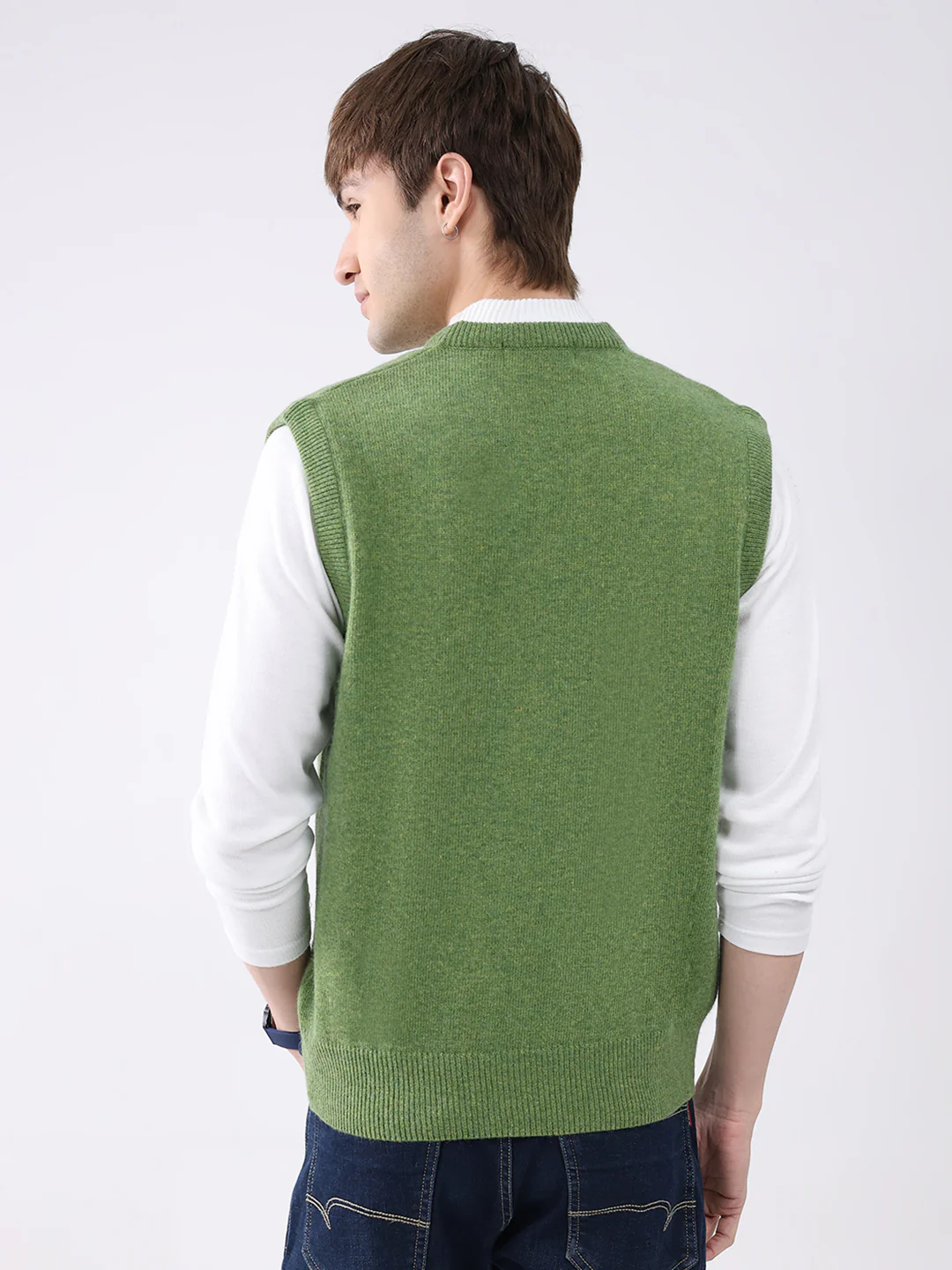 Men Green Solid V Neck Sleeveless Sweater - Image 5